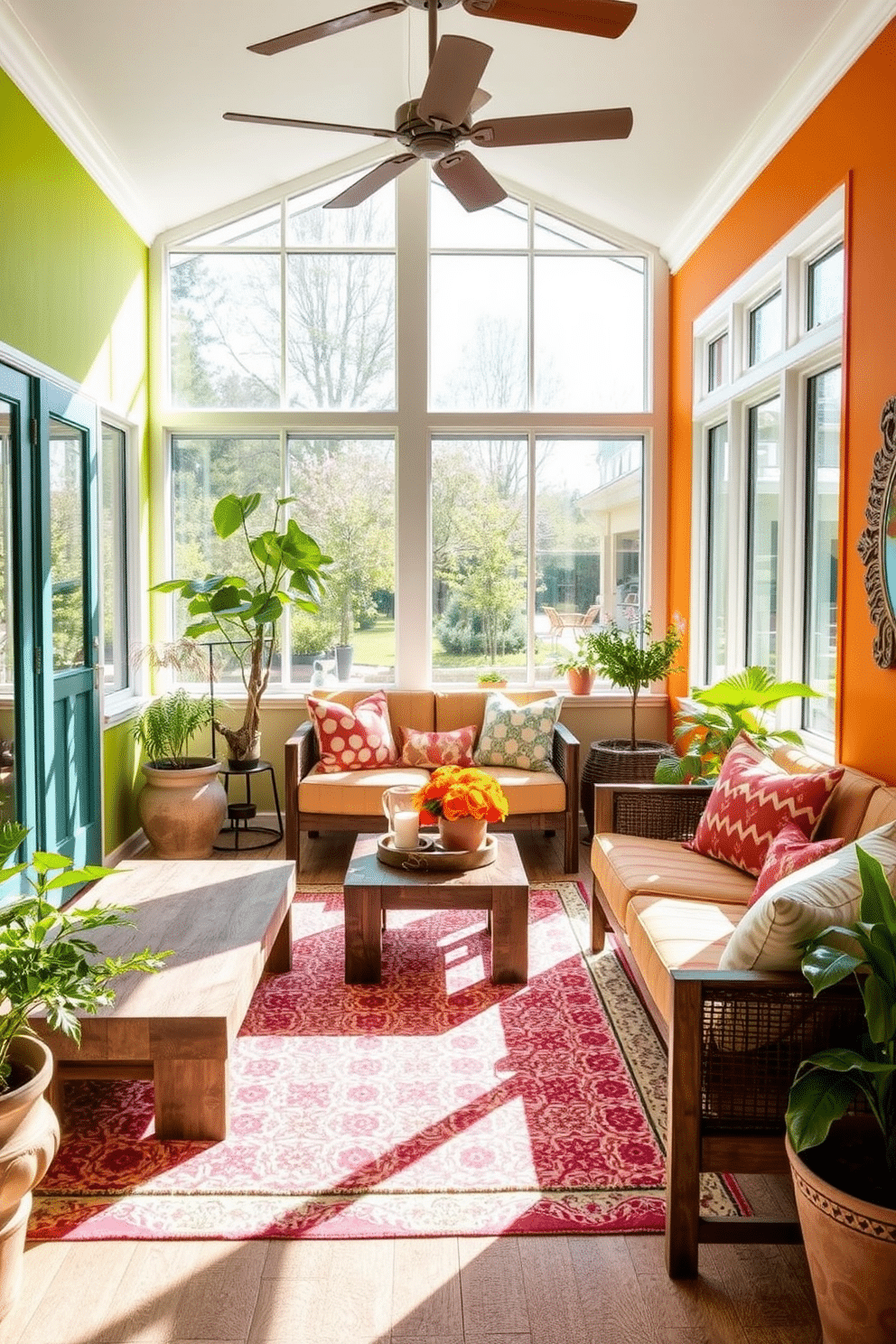 Create a vibrant sunroom with bright accent walls that bring energy to the space. Incorporate large windows that allow natural light to flood in, enhancing the cheerful atmosphere. Add comfortable seating with colorful cushions and a coffee table made of reclaimed wood. Include potted plants and decorative accessories that reflect the warmth of the season.