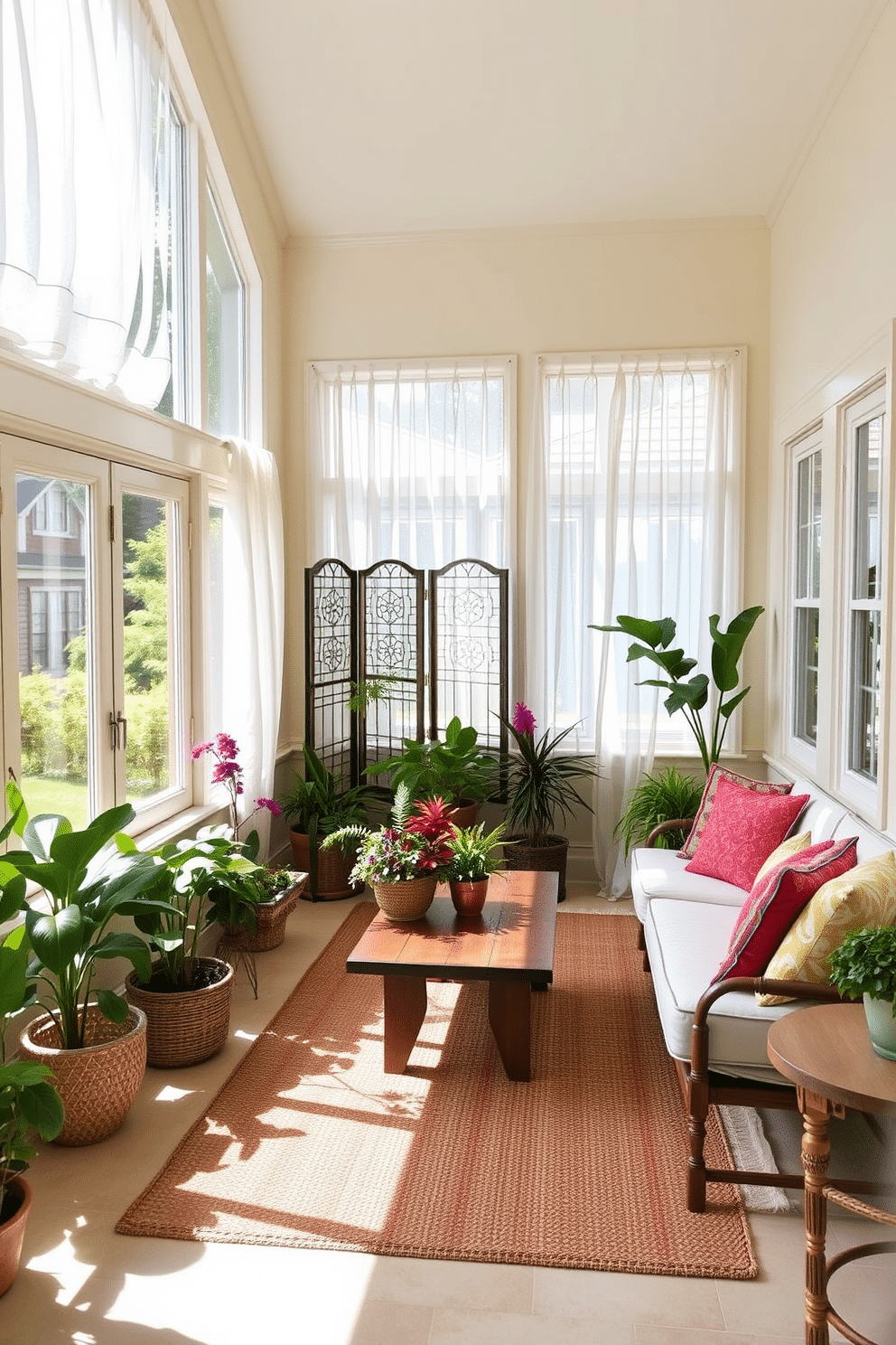 A bright and inviting sunroom filled with natural light. The space features large windows with sheer white curtains that flutter gently in the breeze. In one corner, a decorative screen provides privacy while adding an artistic touch. Comfortable seating is arranged around a rustic wooden coffee table, adorned with vibrant plants and colorful throw pillows. The walls are painted in a soft cream color, enhancing the airy feel of the room. A woven rug with earthy tones anchors the seating area, creating a cozy atmosphere for relaxation and gatherings.