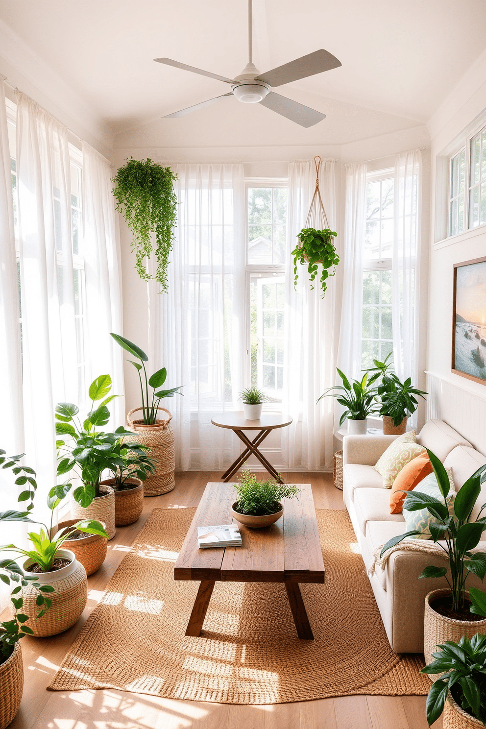 A bright and inviting sunroom filled with natural light. The space features large windows adorned with sheer white curtains, allowing sunlight to filter through. In one corner, a cozy seating area includes a plush sectional sofa in soft beige, accented with colorful throw pillows. Lush indoor plants in various sizes are placed throughout the room, adding a touch of freshness and life. A rustic wooden coffee table sits in the center, topped with a few stylish magazines and a decorative bowl. The floor is covered with a woven area rug that complements the earthy tones of the decor. On the walls, framed artwork depicting serene landscapes enhances the tranquil atmosphere. A small dining table for two is positioned near the windows, perfect for enjoying morning coffee while surrounded by greenery.