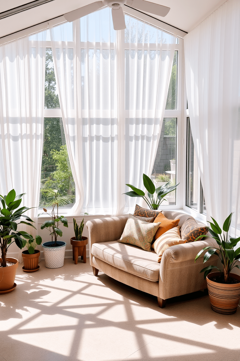 A cozy sunroom filled with natural light. There are sheer white curtains hanging from large windows, allowing soft sunlight to filter in and illuminate the space. The room features a comfortable seating area with a plush sofa adorned with colorful cushions. Potted plants are placed in each corner, adding a touch of greenery and freshness to the decor.