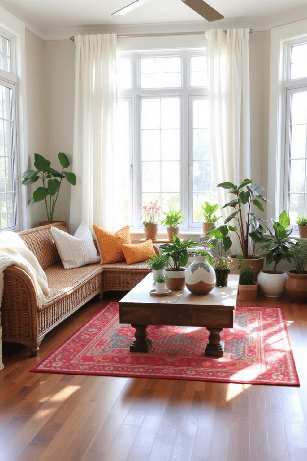 A bright and inviting sunroom filled with natural light. The space features a mix of textures with a plush, woven rattan sofa adorned with colorful throw pillows and a soft, knitted blanket draped over the armrest. Large windows with sheer white curtains allow sunlight to filter in, enhancing the warm atmosphere. A rustic wooden coffee table sits in the center, surrounded by a variety of potted plants and a vibrant area rug that adds warmth to the hardwood floor.