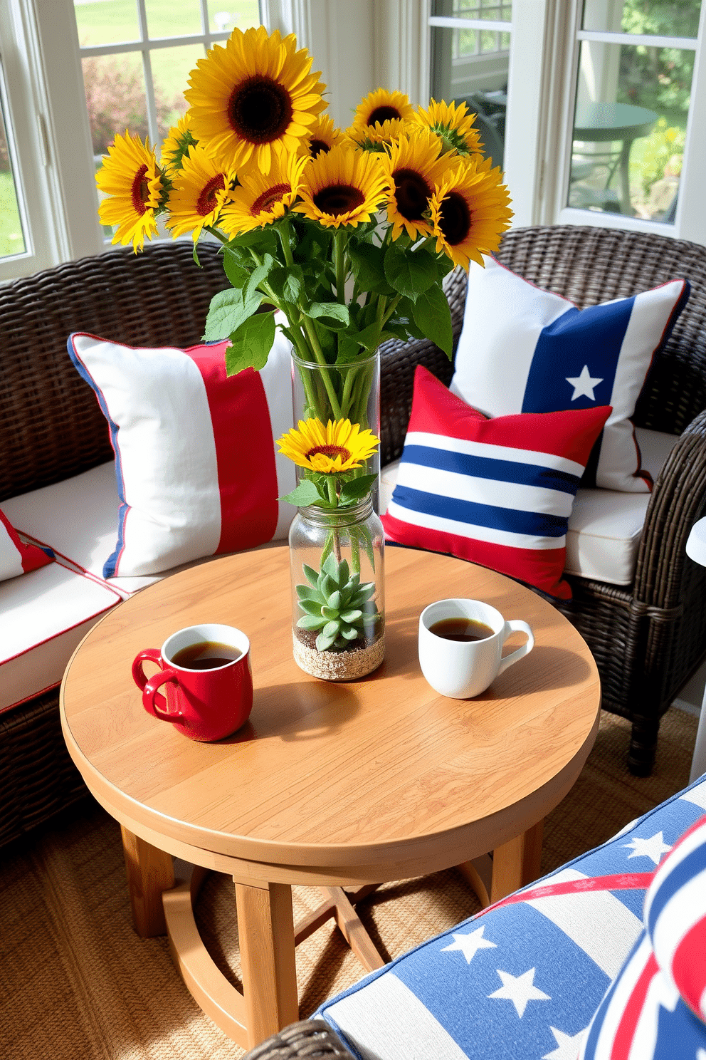 A cozy coffee table setup featuring a round wooden table with a natural finish. On the table, there are two ceramic mugs filled with steaming coffee and a small potted succulent in the center. For Labor Day, the sunroom is adorned with vibrant red, white, and blue throw pillows on a comfortable wicker sofa. A large glass vase filled with sunflowers sits on a side table, complementing the festive decor.