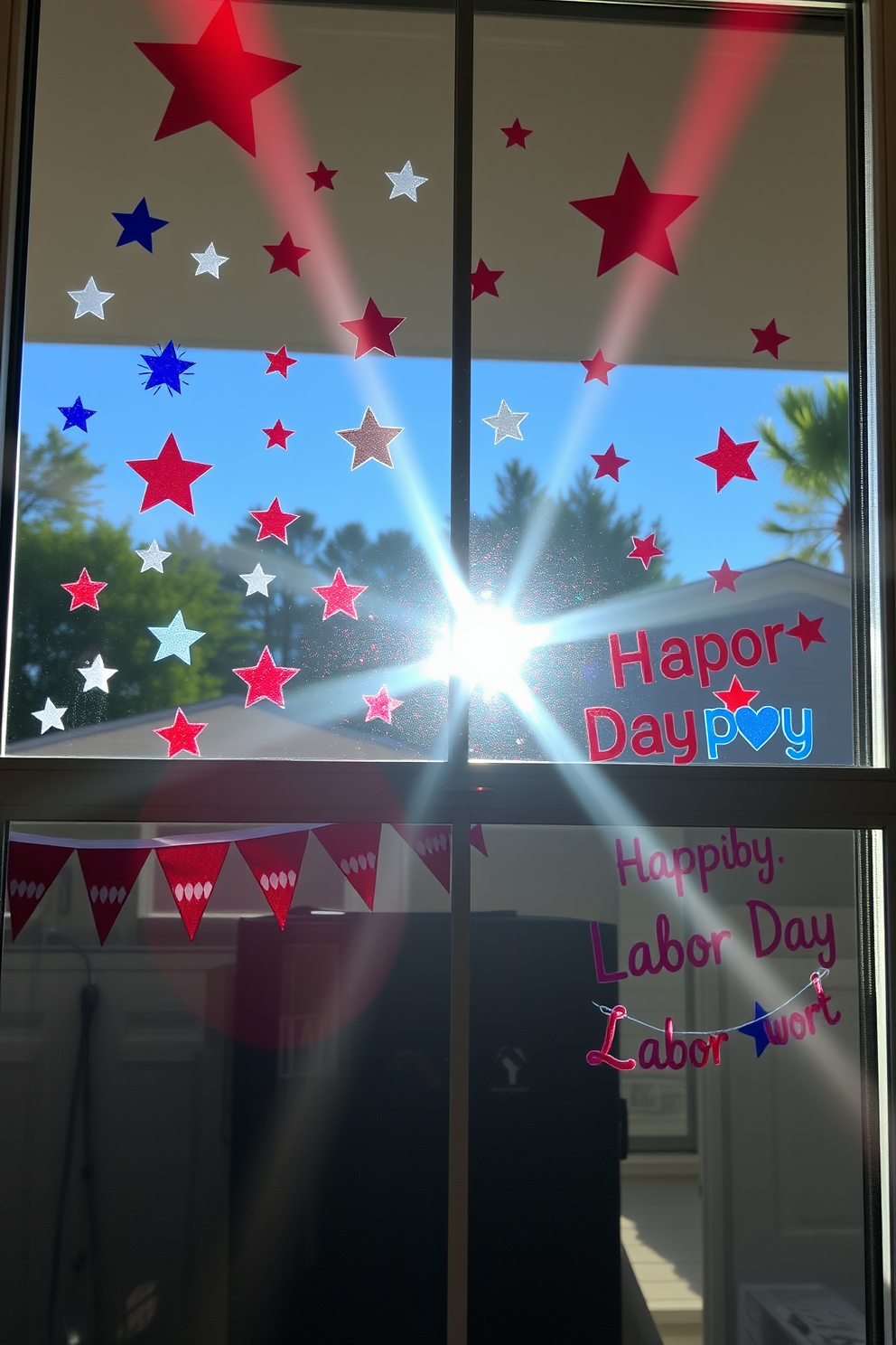 A vibrant display of patriotic window decals featuring stars and stripes adorns the glass, creating a festive atmosphere. The sun shines through, casting colorful reflections that enhance the celebratory spirit of the space. For Labor Day, the windows are decorated with cheerful elements such as red, white, and blue bunting, along with playful designs that symbolize hard work and unity. The combination of these decorations brings a sense of community and pride to the home.