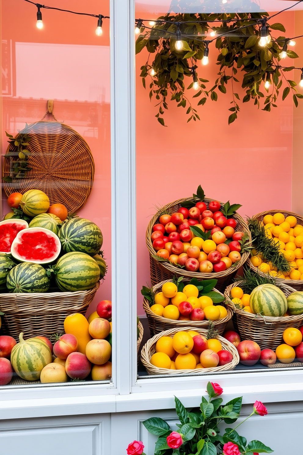 A vibrant window display featuring an array of summer fruits. Colorful watermelons, juicy peaches, and bright citrus fruits are artfully arranged in wicker baskets, with greenery accentuating the freshness of the produce. The backdrop is a soft pastel color that enhances the natural tones of the fruits. String lights twinkle above, adding a warm glow to the display and inviting passersby to stop and admire the seasonal bounty.