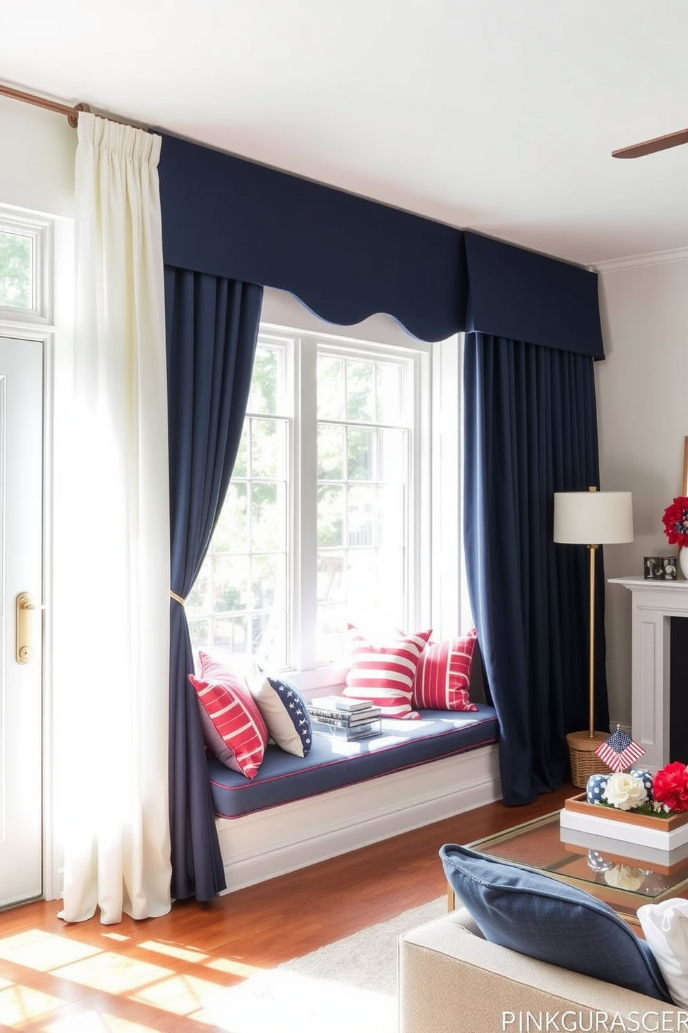 A bright and airy living room filled with natural light. Layer sheer curtains in soft white with bold navy blue drapes for a striking contrast. A cozy nook featuring a window seat adorned with colorful cushions. Add seasonal decorations for Labor Day, incorporating red, white, and blue accents to celebrate the holiday.