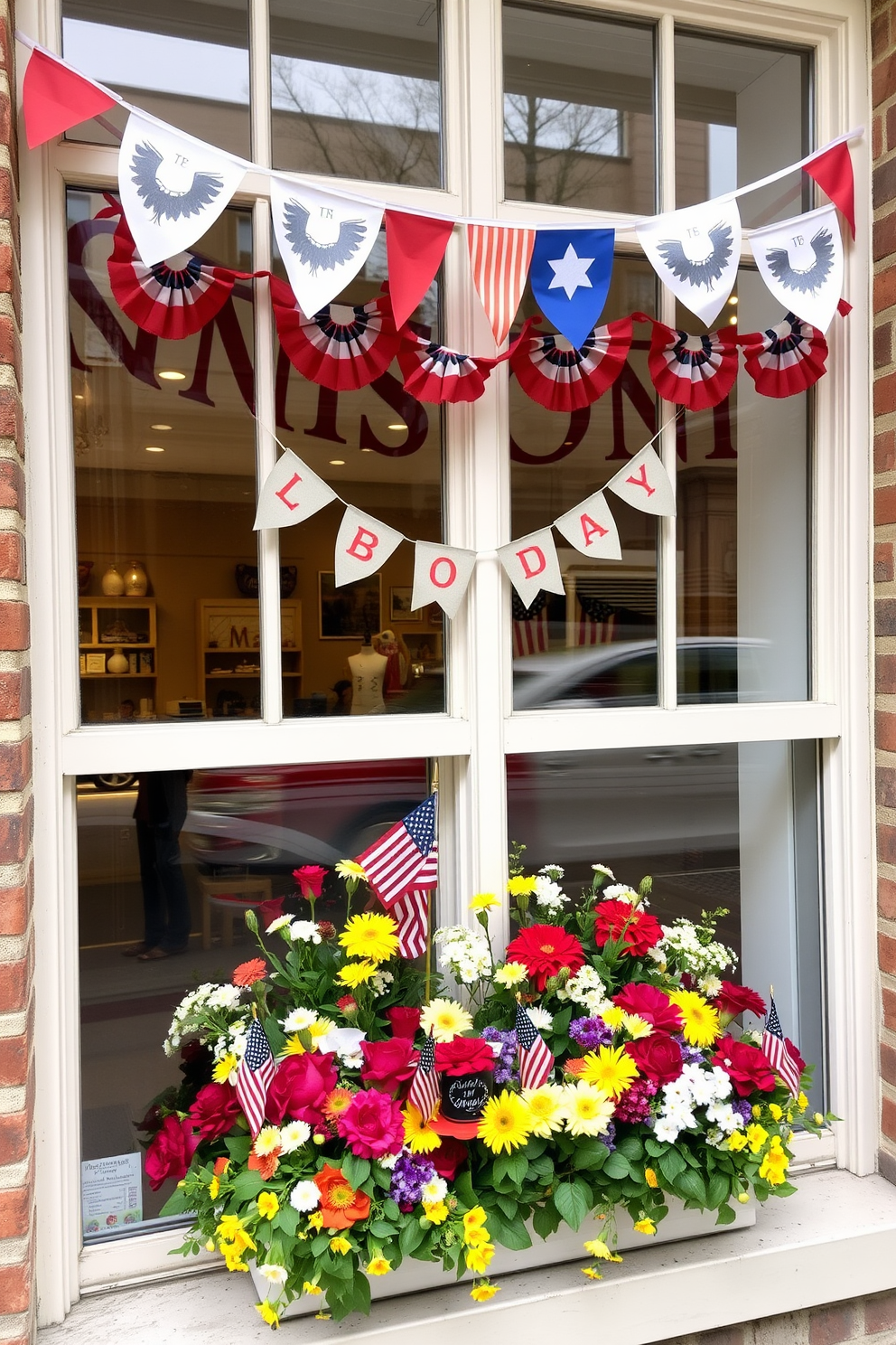 A festive Labor Day window display adorned with colorful decorative bunting hanging gracefully along the top. Below the bunting, a cheerful arrangement of seasonal flowers and patriotic accents fills the window, creating a warm and inviting atmosphere.