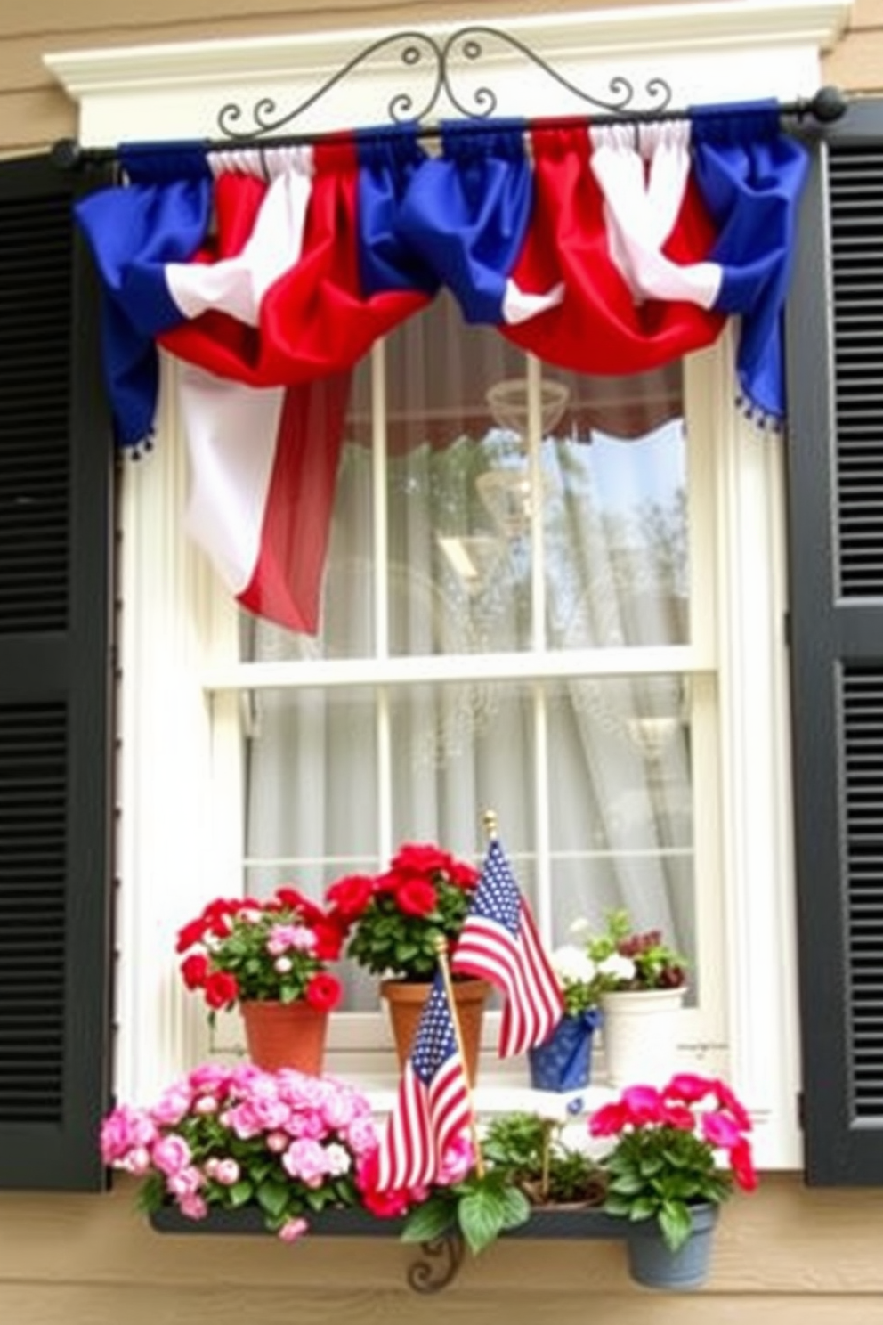 A charming window display for Labor Day featuring fabric swags in vibrant red, white, and blue. The swags elegantly drape from a decorative rod, creating a festive atmosphere that celebrates the holiday. Beneath the swags, a collection of potted flowers in similar patriotic hues adds a touch of nature. A small American flag is placed on the windowsill, completing the festive look.