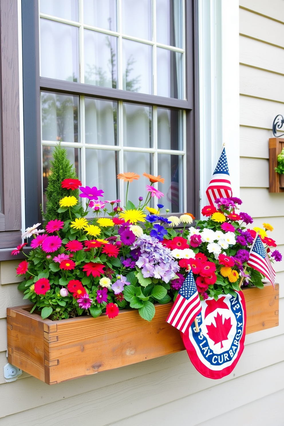 Create a charming window box filled with vibrant flowers in an array of colors. The box should be made of rustic wood and feature a classic design that complements the exterior of the house. Incorporate seasonal decorations to celebrate Labor Day. Add small American flags and subtle red, white, and blue accents to enhance the festive atmosphere.