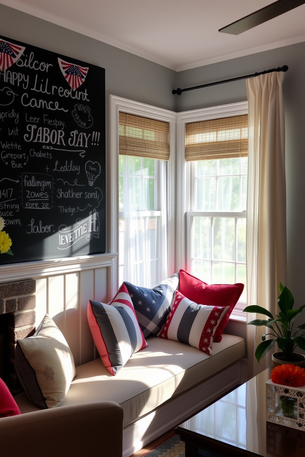 A charming living room decorated for Labor Day. There's a large chalkboard on one wall adorned with festive messages and colorful drawings celebrating the holiday. A cozy window seat is filled with plush cushions in red, white, and blue. The window is dressed with sheer curtains that allow natural light to filter in, creating a warm and inviting atmosphere.