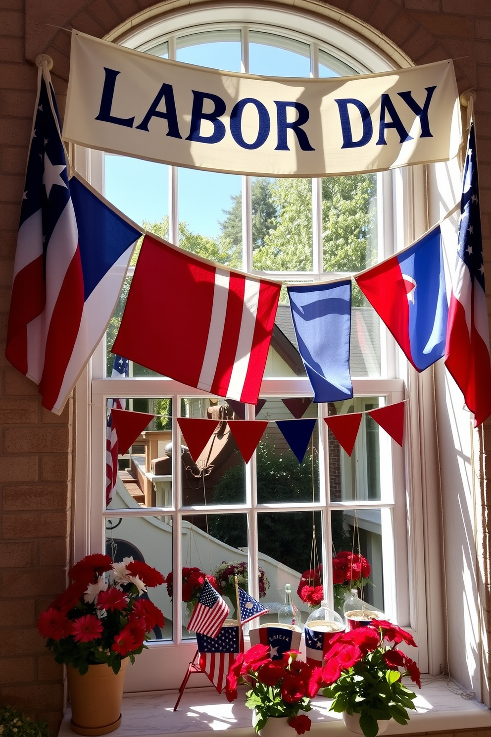 A charming display of vintage flags hangs gracefully across a sunlit window. The flags, in various colors and patterns, evoke a sense of nostalgia and celebration. Festive Labor Day decorations adorn the window, featuring red, white, and blue accents. A cheerful banner reading 