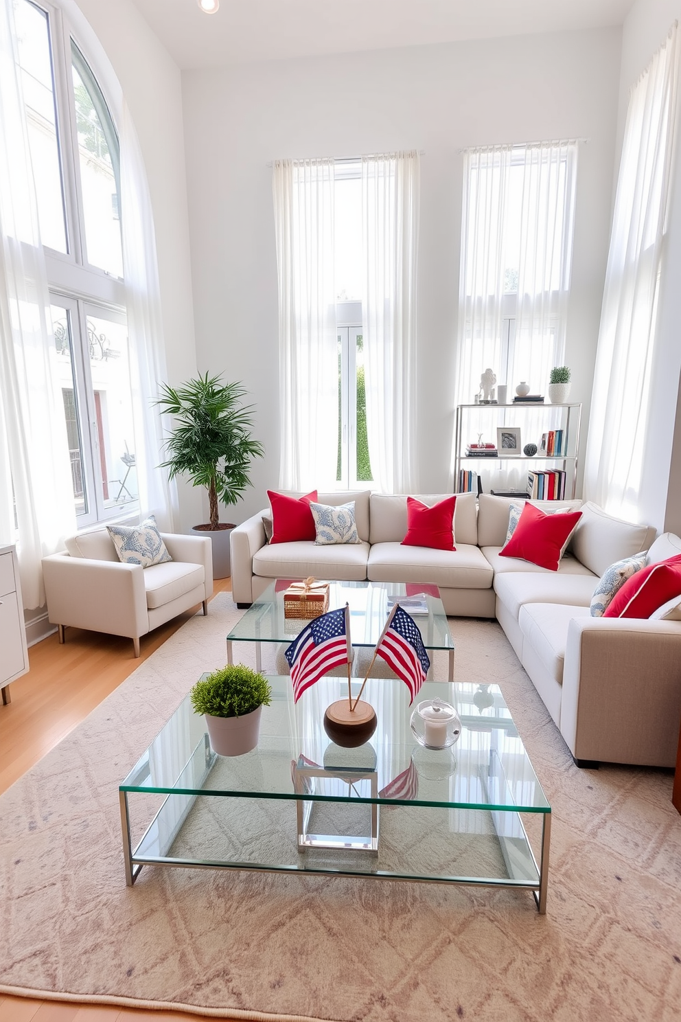 A bright and airy living room adorned with large windows that let in natural light. The walls are painted in a soft white hue, and the space features a plush sectional sofa in light gray with colorful throw pillows. A sleek glass coffee table sits at the center, reflecting the light and adding a touch of elegance. On one side, a stylish bookshelf filled with decorative items and books complements the modern decor. In one corner, a tall indoor plant adds a splash of greenery to the room. The floor is covered with a soft area rug that ties the color scheme together, creating a cozy atmosphere. For Labor Day, the windows are decorated with sheer white curtains that billow gently in the breeze. A festive display of red, white, and blue accents is arranged on the coffee table, celebrating the holiday spirit.