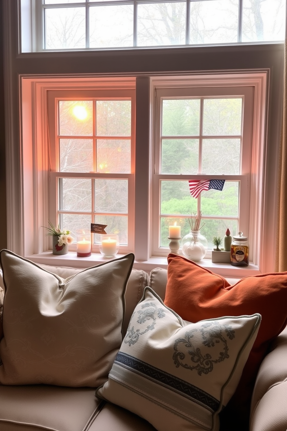 A cozy living room filled with natural light. In the windows, seasonal candles are arranged, casting a warm glow and creating a welcoming atmosphere. The window sills are adorned with small decorative elements, celebrating Labor Day with themed accents like miniature flags and rustic decor. Soft throw pillows in autumn colors complement the inviting space, enhancing the overall seasonal charm.