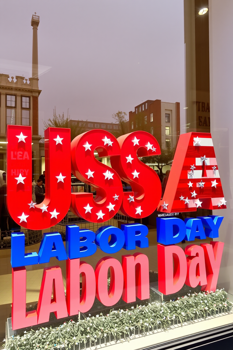 A festive window display features oversized letters spelling USALabor Day in vibrant red and blue colors. The letters are adorned with miniature stars and stripes, creating a patriotic theme that captures the spirit of the holiday.