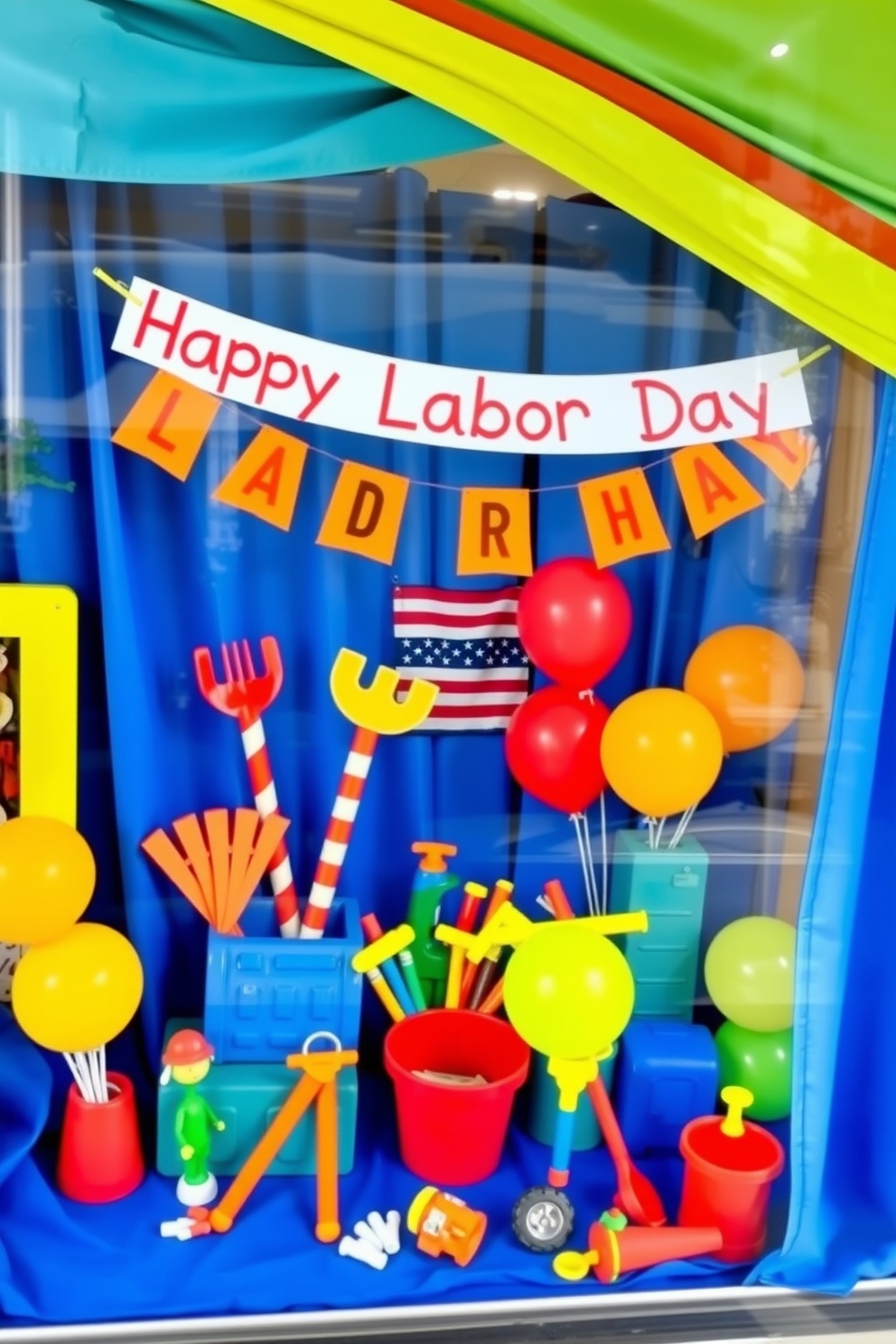 A playful window display themed around Labor Day features a variety of colorful toys arranged in an inviting manner. Brightly colored balloons and miniature construction tools are strategically placed to celebrate the spirit of hard work and fun. The backdrop consists of a cheerful blue fabric that complements the vibrant toys. A banner reading Happy Labor Day is draped across the top, adding a festive touch to the overall design.