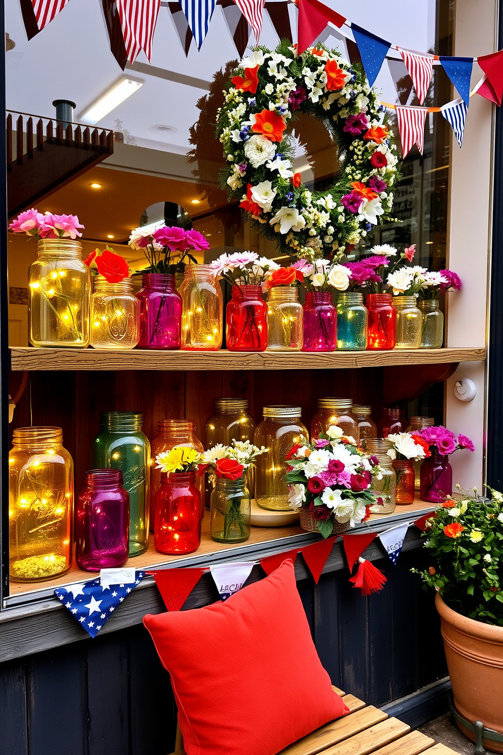 A vibrant display of colorful glass jars is arranged on a rustic wooden shelf, showcasing a variety of shapes and sizes. Each jar is filled with seasonal flowers and twinkling fairy lights, creating a warm and inviting atmosphere. For Labor Day, the window is adorned with red, white, and blue bunting and a cheerful wreath made of fresh flowers. The scene is completed with a cozy seating area nearby, inviting guests to enjoy the festive decor.