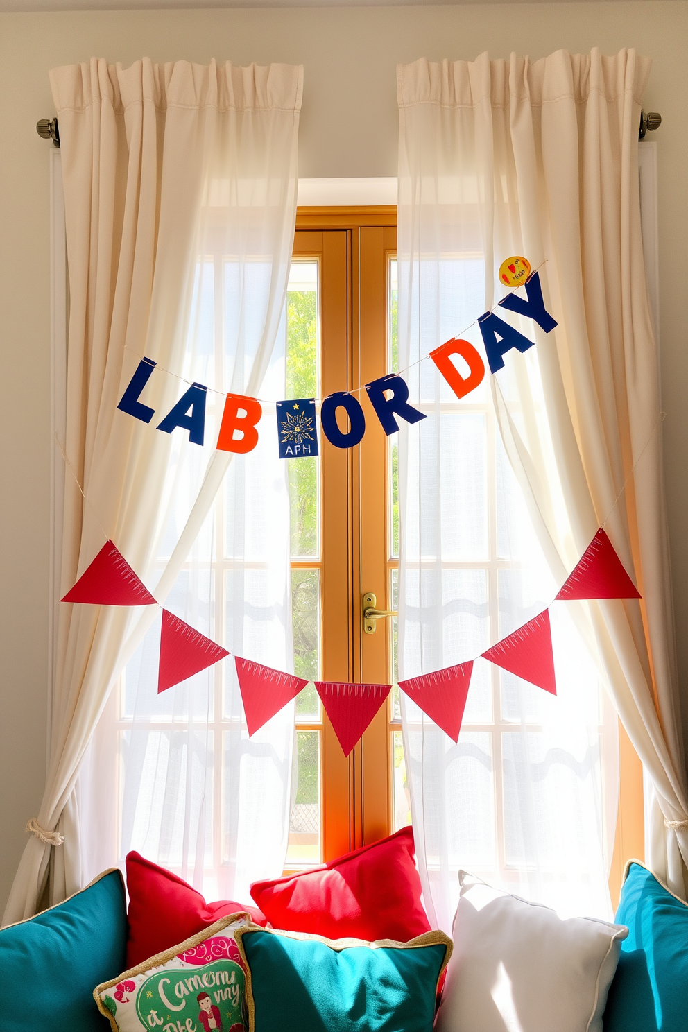 A festive banner is draped elegantly across the window, adding a cheerful touch to the space. The banner features vibrant colors and playful designs that celebrate the spirit of Labor Day. The window is adorned with light, sheer curtains that allow natural light to filter through. Below the window, a cozy seating area with colorful cushions invites relaxation and enjoyment of the holiday atmosphere.