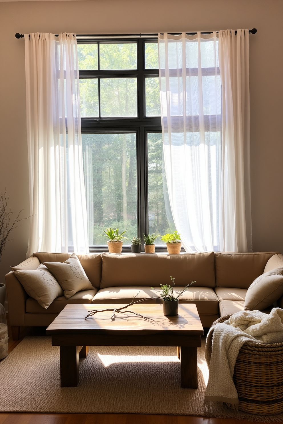 A cozy living room featuring a large window adorned with sheer white curtains that gently filter sunlight. A rustic wooden coffee table sits in the center, surrounded by a plush sectional sofa in earthy tones, with decorative pillows that incorporate natural elements like branches. On the window sill, a collection of potted plants adds a touch of greenery, while a woven basket filled with cozy blankets rests nearby. The walls are painted in a soft beige, creating a warm and inviting atmosphere perfect for relaxation.