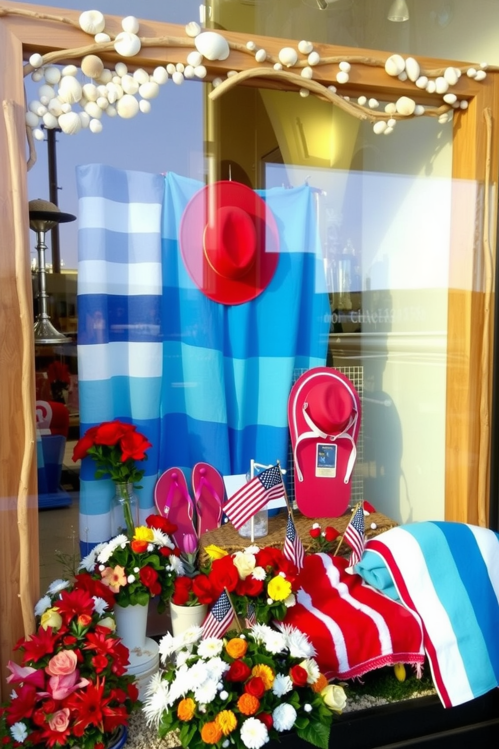 A beach-themed window display featuring a large wooden frame adorned with seashells and driftwood. Inside the frame, there are vibrant beach towels, sun hats, and colorful flip-flops arranged artfully to evoke a sunny seaside atmosphere. Labor Day window decorating ideas that incorporate red, white, and blue elements. Include small American flags, seasonal flowers in patriotic colors, and cozy picnic blankets to create a festive and inviting look.