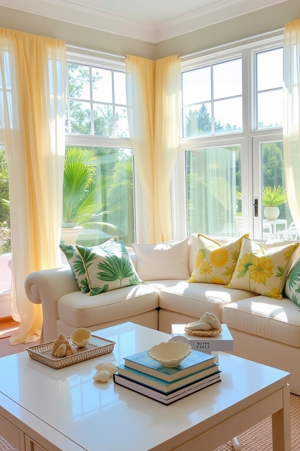 A bright and airy living room inspired by summer vacations. The space features large windows adorned with light sheer curtains that flutter gently in the breeze, allowing natural light to fill the room. A vibrant color palette of soft blues and sunny yellows enhances the cheerful atmosphere. Decorative pillows with tropical prints are scattered across a plush white sofa, while a coffee table holds a collection of seashells and beach-themed books.