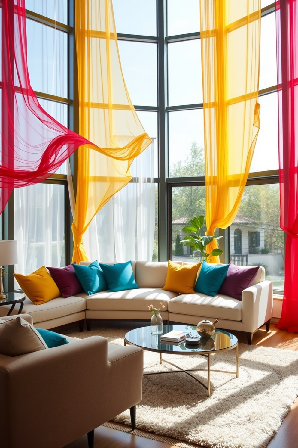 A vibrant living room featuring large windows adorned with bright colored curtains that add a cheerful pop to the space. The curtains flutter gently in the breeze, complementing the light and airy atmosphere of the room. In the center, a plush sofa in a neutral tone contrasts with colorful throw pillows that echo the hues of the curtains. A stylish coffee table sits atop a soft area rug, creating a cozy gathering spot for family and friends.