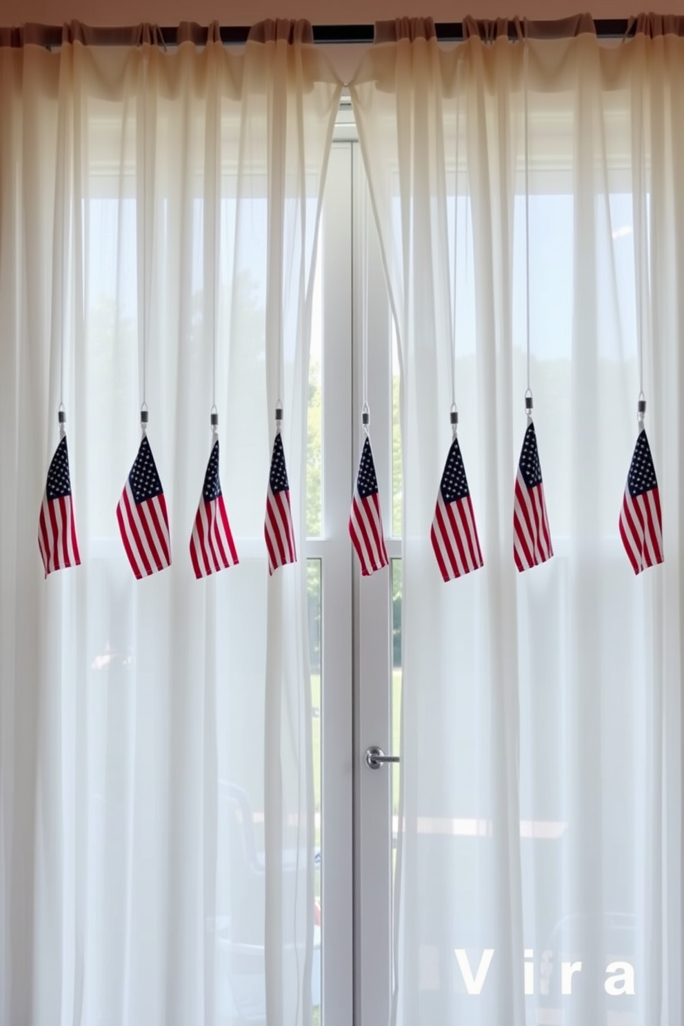 Create a festive window display for Labor Day by hanging mini American flags from elegant sheer curtains. The flags should be evenly spaced to create a cheerful and patriotic atmosphere in the room.