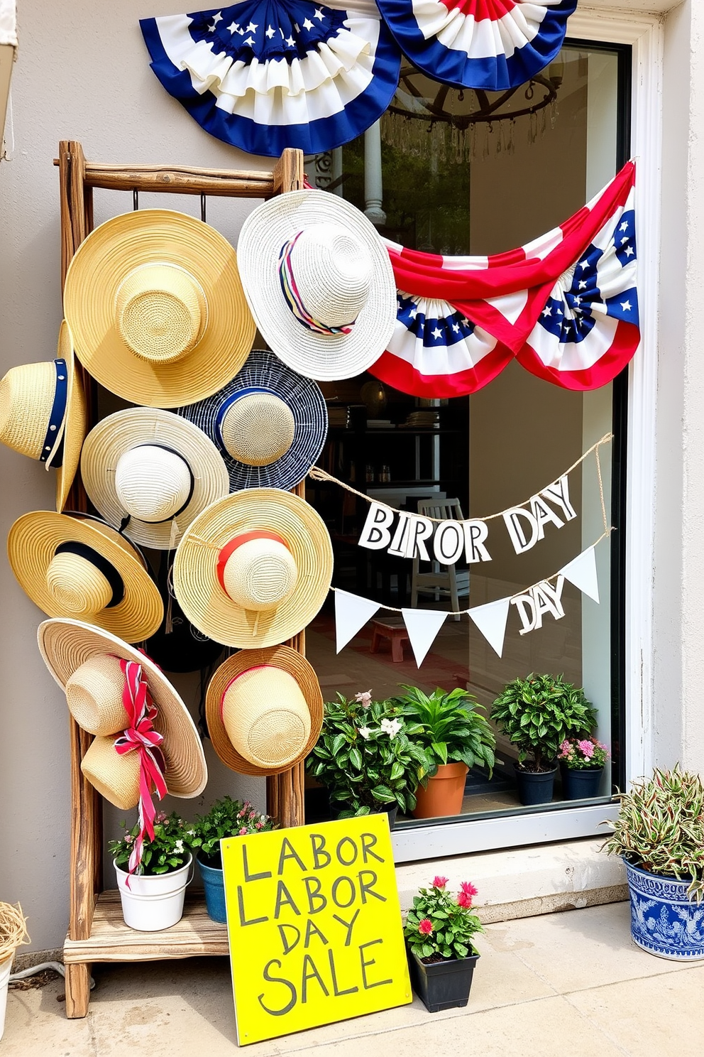 A vibrant display of summer hats arranged artfully on a rustic wooden rack. The hats vary in color and style, showcasing wide-brimmed straw hats, colorful bucket hats, and chic fedoras. A festive window decorated for Labor Day with red, white, and blue bunting draped elegantly. The scene includes small potted plants and a sign that reads 