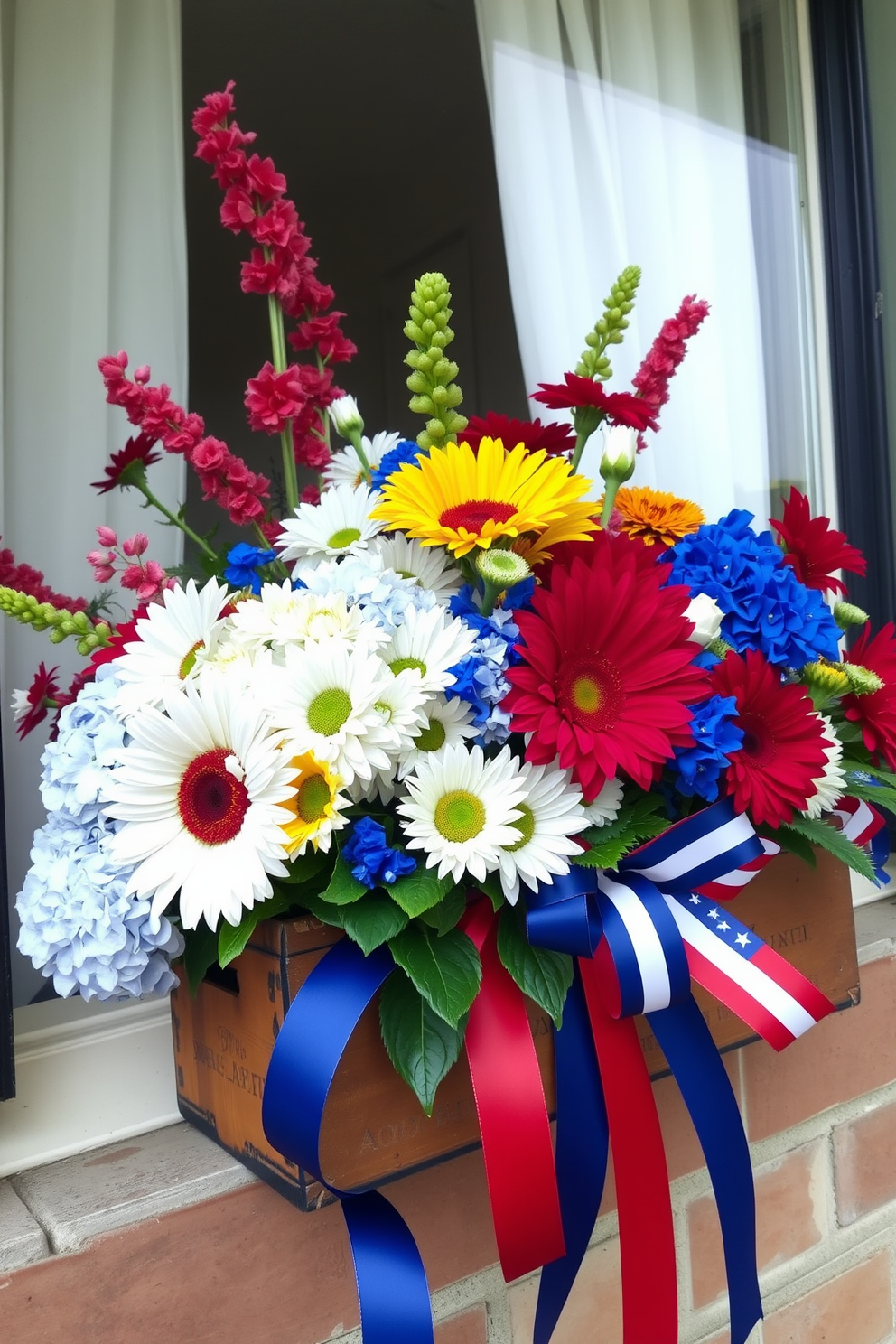 A vibrant window flower arrangement for Labor Day featuring a mix of red, white, and blue blooms. The arrangement includes sunflowers, daisies, and hydrangeas in a rustic wooden box, with decorative ribbons in patriotic colors draping elegantly.