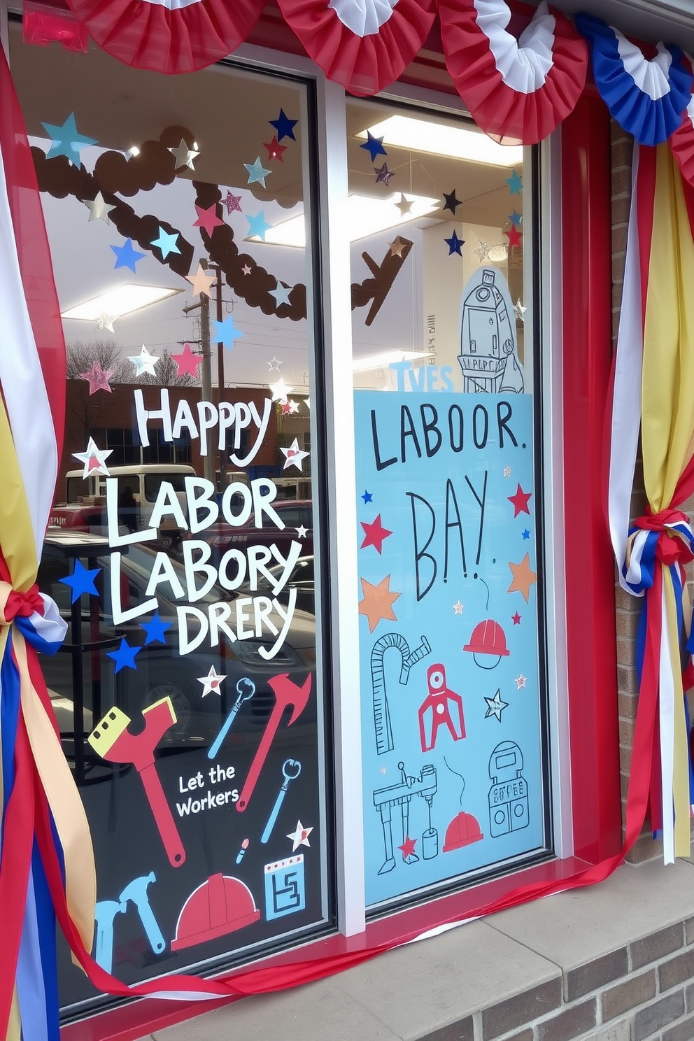 A festive window display featuring vibrant red white and blue paint designs celebrating Labor Day. The windows are adorned with stars and stripes along with cheerful messages of appreciation for workers. The scene includes playful illustrations of tools and hard hats to symbolize various professions. Colorful bunting and ribbons frame the windows to enhance the festive atmosphere.