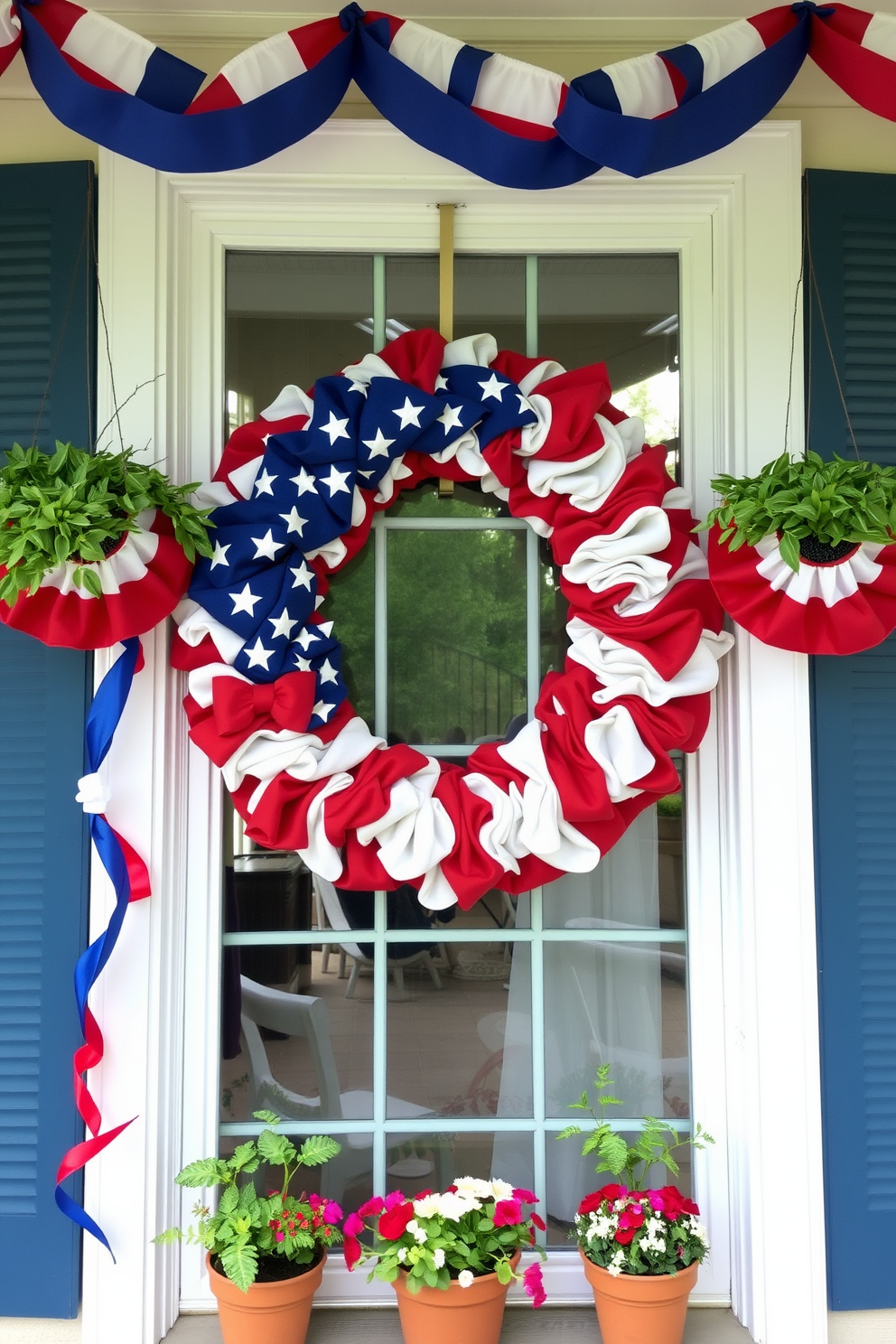 A large patriotic wreath is displayed outside on the front door, showcasing vibrant red white and blue colors. The wreath is adorned with stars and stripes, creating a festive atmosphere for Labor Day celebrations. The window is decorated with elegant garlands of red white and blue bunting, draping gracefully along the edges. Small potted plants with seasonal flowers are placed on the windowsill, adding a touch of natural beauty to the festive decor.