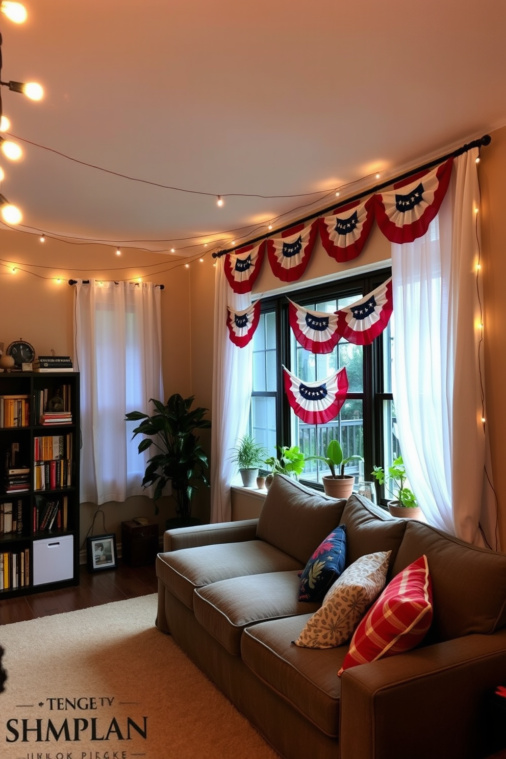 A cozy living room adorned with string lights that cast a warm and inviting glow. The walls are painted in a soft beige, complementing the plush grey sofa and colorful throw pillows scattered across it. In the corner, a stylish bookshelf is filled with books and decorative items. Large windows draped with sheer white curtains allow natural light to filter in, enhancing the festive atmosphere. For Labor Day, the windows are decorated with red, white, and blue bunting that adds a patriotic touch. Potted plants on the windowsill bring a touch of nature indoors, creating a refreshing and vibrant space.