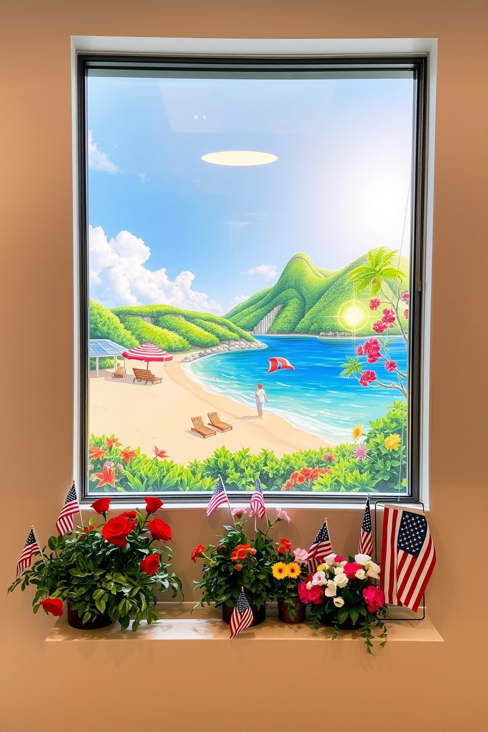 A vibrant mural depicting summer scenes unfolds across the wall, showcasing sunlit beaches and lush green landscapes. The artwork captures the essence of warmth and joy, inviting a sense of relaxation and leisure into the space. For Labor Day window decorating ideas, envision a festive display featuring red, white, and blue accents. Incorporate seasonal elements like small flags and fresh flowers to celebrate the holiday while enhancing the overall aesthetic.