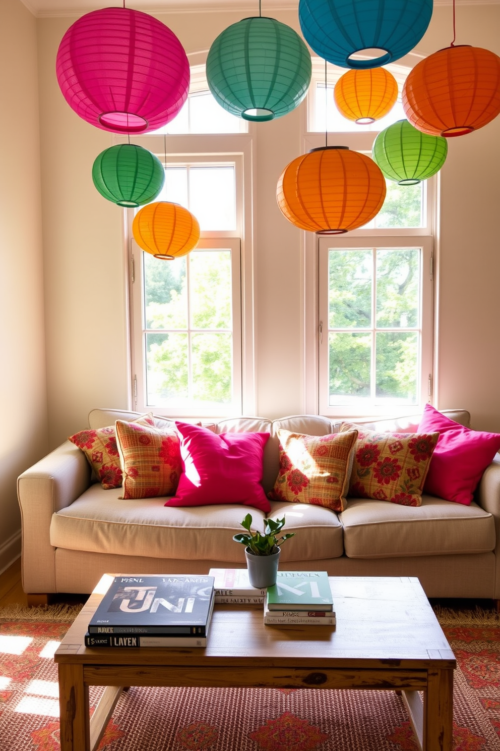 A cozy living room setting featuring colorful paper lanterns hanging in the windows. The walls are painted a soft cream, and a plush sofa with vibrant throw pillows invites relaxation. Natural light filters through the lanterns, casting playful shadows across the room. A wooden coffee table sits in the center, adorned with a stack of art books and a small potted plant.