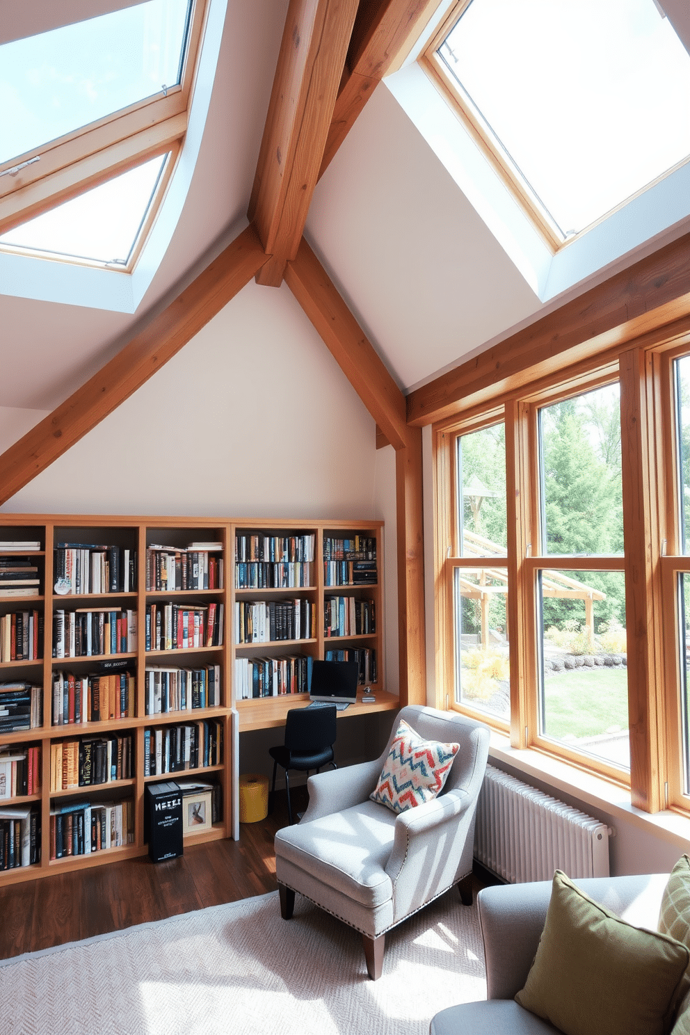 Cozy reading nook with skylights. The space features a plush armchair in soft, neutral tones, surrounded by built-in bookshelves filled with an array of colorful books. Large attic design ideas. The room showcases exposed wooden beams and large windows that flood the space with natural light, complemented by a comfortable seating area and a small workspace tucked into a corner.