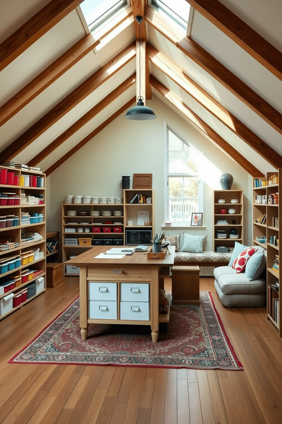 A stylish craft room filled with organized supplies features a large wooden worktable at the center, surrounded by shelves stocked with colorful bins and jars. Natural light floods the space through a skylight, illuminating the walls painted in a soft pastel hue, creating an inspiring and cheerful atmosphere. The large attic design boasts exposed wooden beams and a cozy reading nook with plush cushions and a small bookshelf. Soft, ambient lighting enhances the rustic charm, while a vintage rug adds warmth to the wooden floor, making it a perfect retreat for relaxation and creativity.