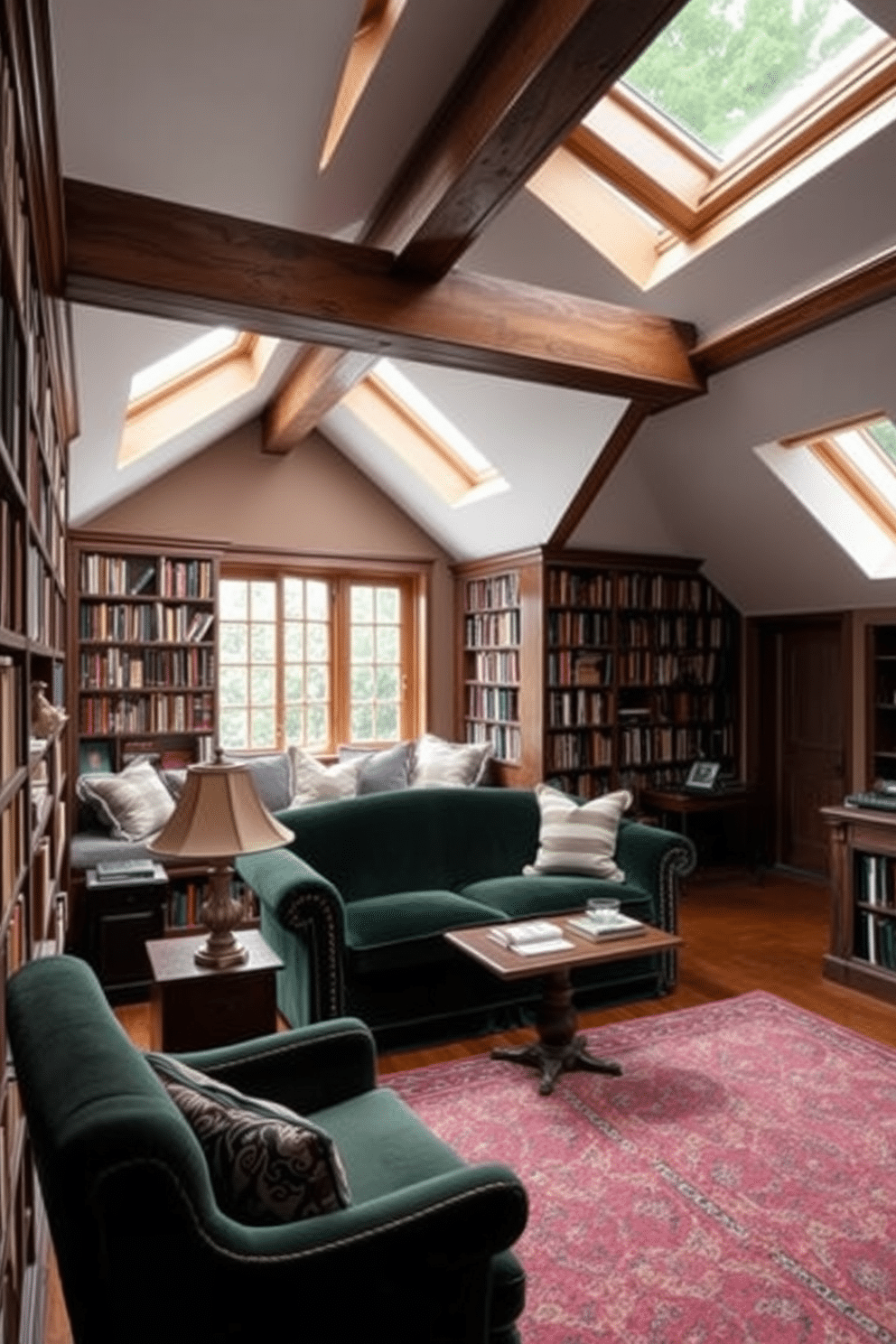 A sophisticated library with floor-to-ceiling bookshelves, showcasing an extensive collection of antique and modern books. A plush, deep green velvet sofa is positioned centrally, accompanied by a vintage wooden coffee table and a classic reading lamp. Large attic design ideas featuring exposed wooden beams and skylights that flood the space with natural light. A cozy nook with a built-in window seat, adorned with cushions, invites relaxation, while a small desk area offers a perfect spot for creative work.