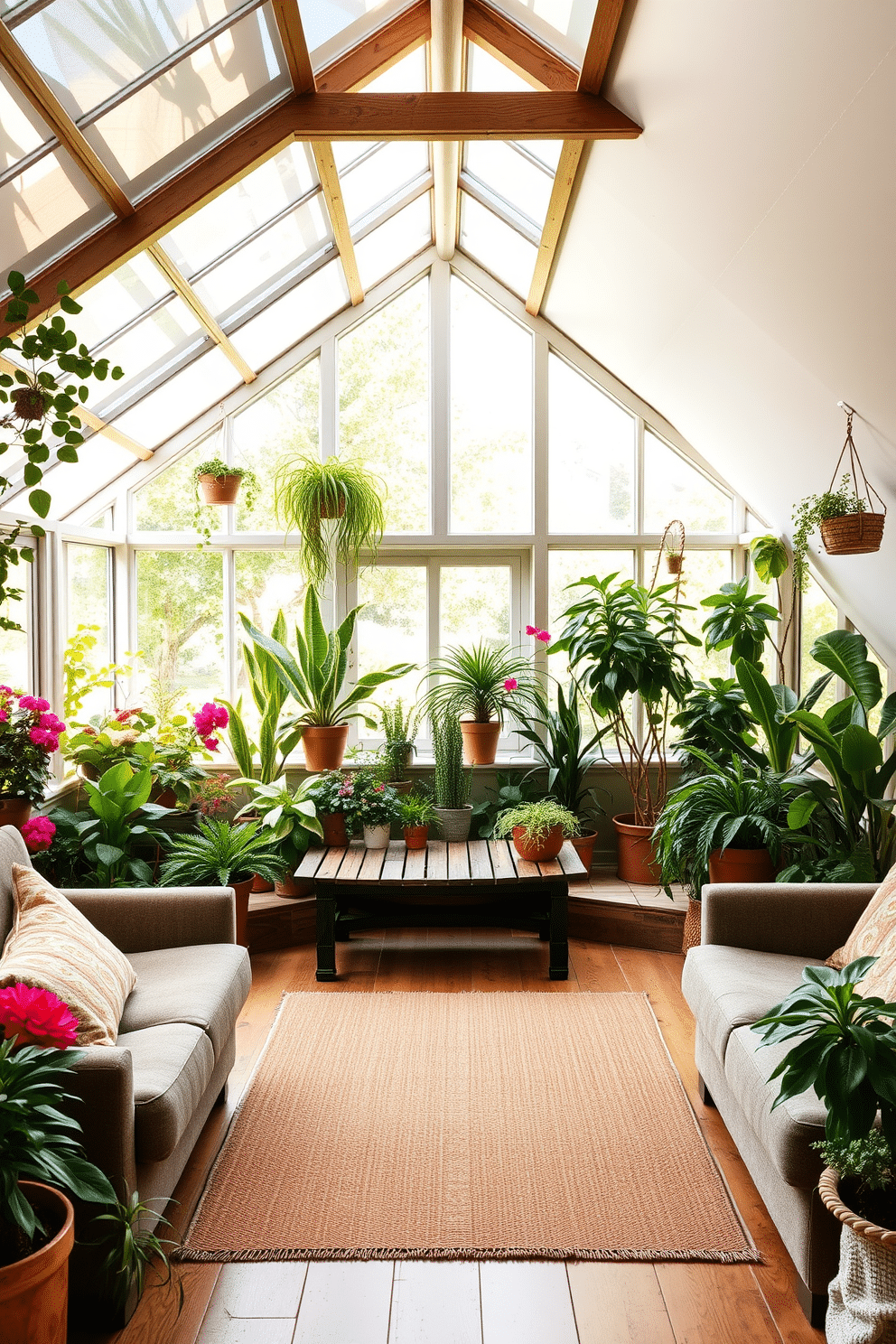 A sunlit greenhouse filled with a variety of indoor plants, showcasing lush greenery and vibrant flowers. Large windows allow natural light to flood the space, creating a warm and inviting atmosphere with a rustic wooden bench in the center. A spacious attic transformed into a cozy living area, featuring sloped ceilings and exposed beams. Plush seating arrangements, a soft area rug, and a reading nook by the window enhance the charm and comfort of the space.