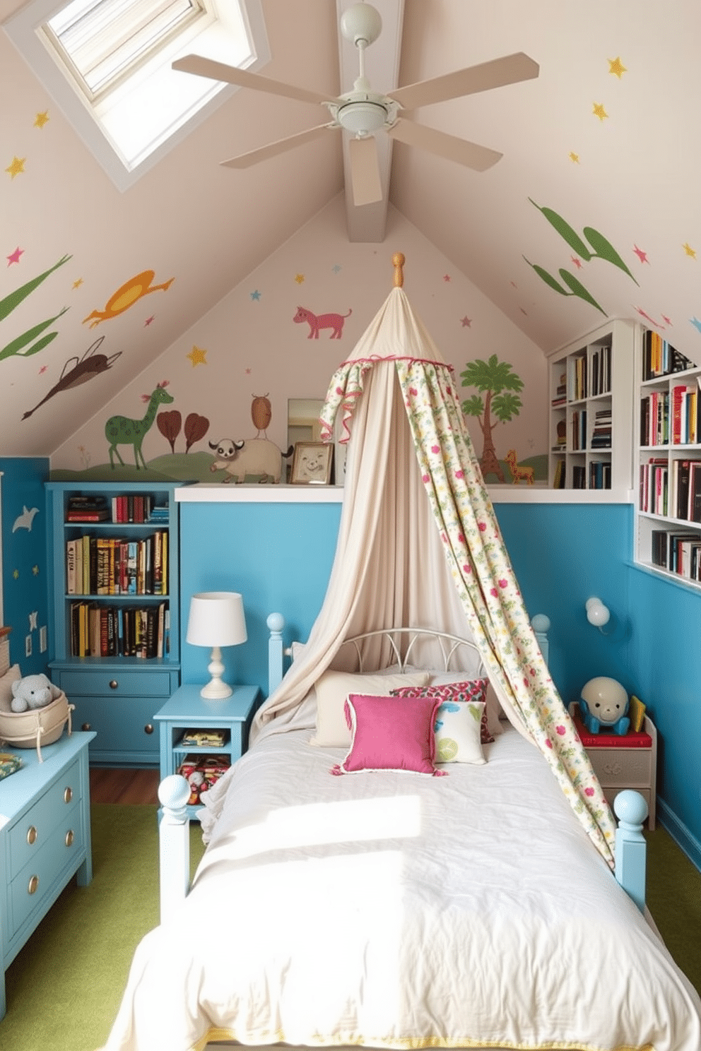 A whimsical children's bedroom filled with playful themes. The walls are painted in bright colors, adorned with murals of animals and stars, and a cozy bed features a canopy of colorful fabrics. Large attic design ideas that maximize space and light. The area is transformed into a multi-functional retreat with a comfortable seating area, skylights for natural illumination, and built-in bookshelves filled with treasures.