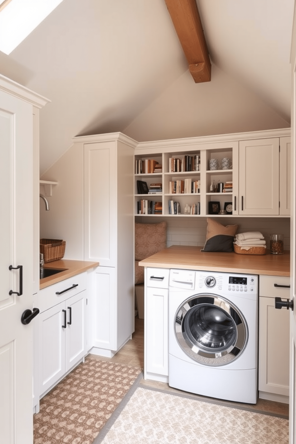 Functional laundry room with ample storage. The space features built-in cabinets, a countertop for folding clothes, and a large utility sink. Large attic design ideas. The attic is transformed into a cozy reading nook with a plush armchair, a small bookshelf, and soft ambient lighting.