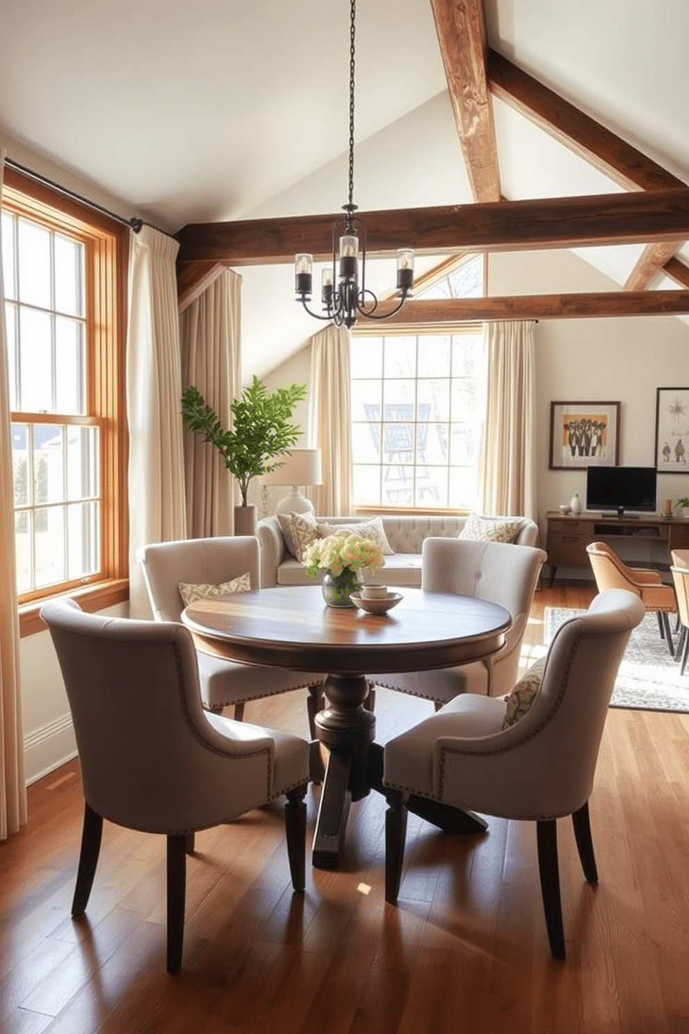 Charming breakfast nook with large windows. The space features a round wooden table surrounded by plush, upholstered chairs, bathed in natural light streaming through the oversized windows adorned with soft, sheer curtains. Large attic design ideas. The attic is transformed into a cozy retreat with exposed beams, a comfortable seating area, and a stylish workspace, accented by warm lighting and a palette of soft, inviting colors.