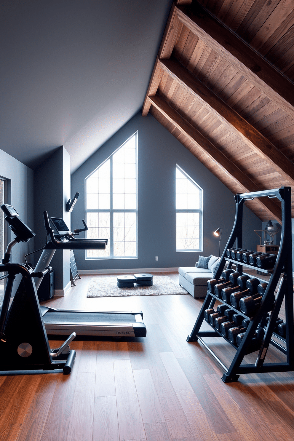 A contemporary fitness area features sleek gym equipment, including a state-of-the-art treadmill and free weights neatly organized on a rack. The walls are painted in a calming gray, and large windows allow natural light to flood the space, enhancing the atmosphere of vitality and energy. The large attic design showcases an open layout with exposed wooden beams and a cozy seating area. Soft, ambient lighting highlights the unique architectural features, while plush rugs and modern furniture create an inviting retreat perfect for relaxation or creative pursuits.