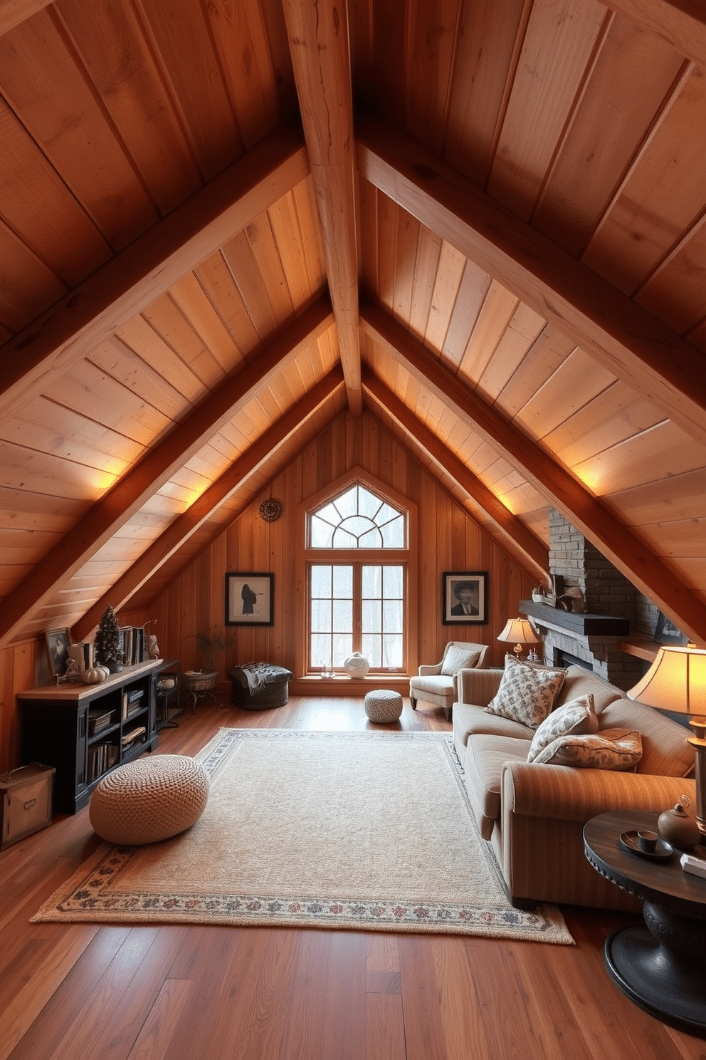 Rustic wooden beams stretch across the ceiling, complemented by soft, ambient lighting that creates a warm and inviting atmosphere. The space features a cozy seating area with plush, oversized furniture and a large area rug, enhancing the rustic charm of the attic. A large window allows natural light to flood the room, showcasing the beautiful wooden textures and creating a seamless connection with the outdoors. Decorative elements, such as vintage bookshelves and handmade crafts, add character and a personal touch to the design.