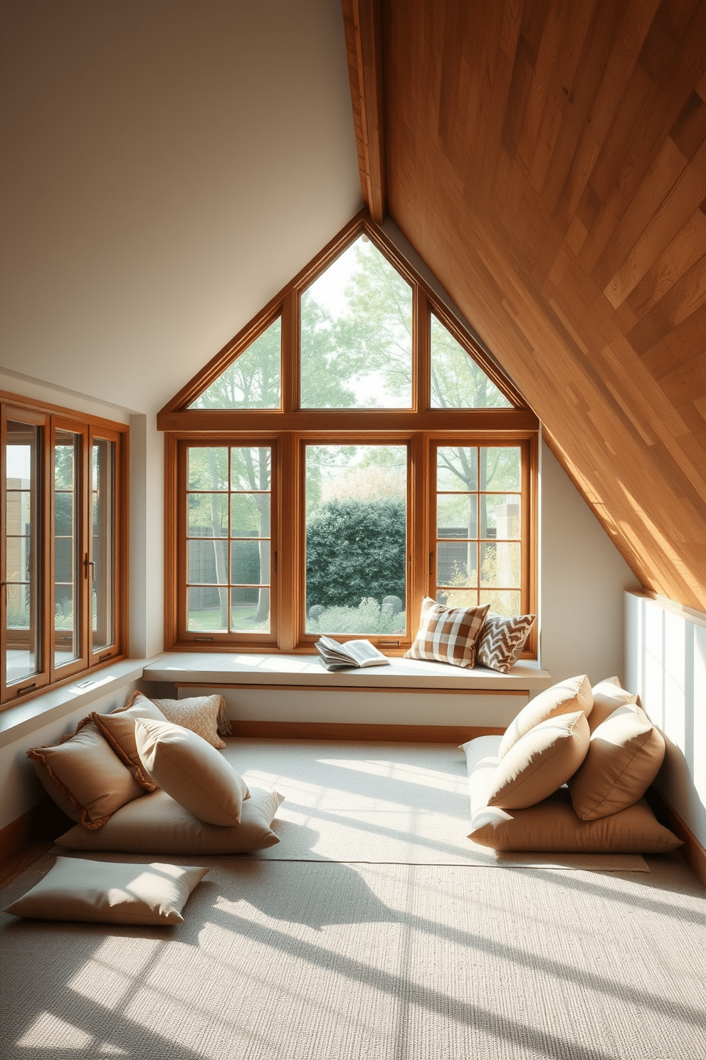 Serene meditation space with soft cushions. The room is filled with natural light, featuring large windows that overlook a tranquil garden. Large attic design ideas. The space is transformed into a cozy retreat with warm wood accents, plush seating, and a small reading nook by the window.