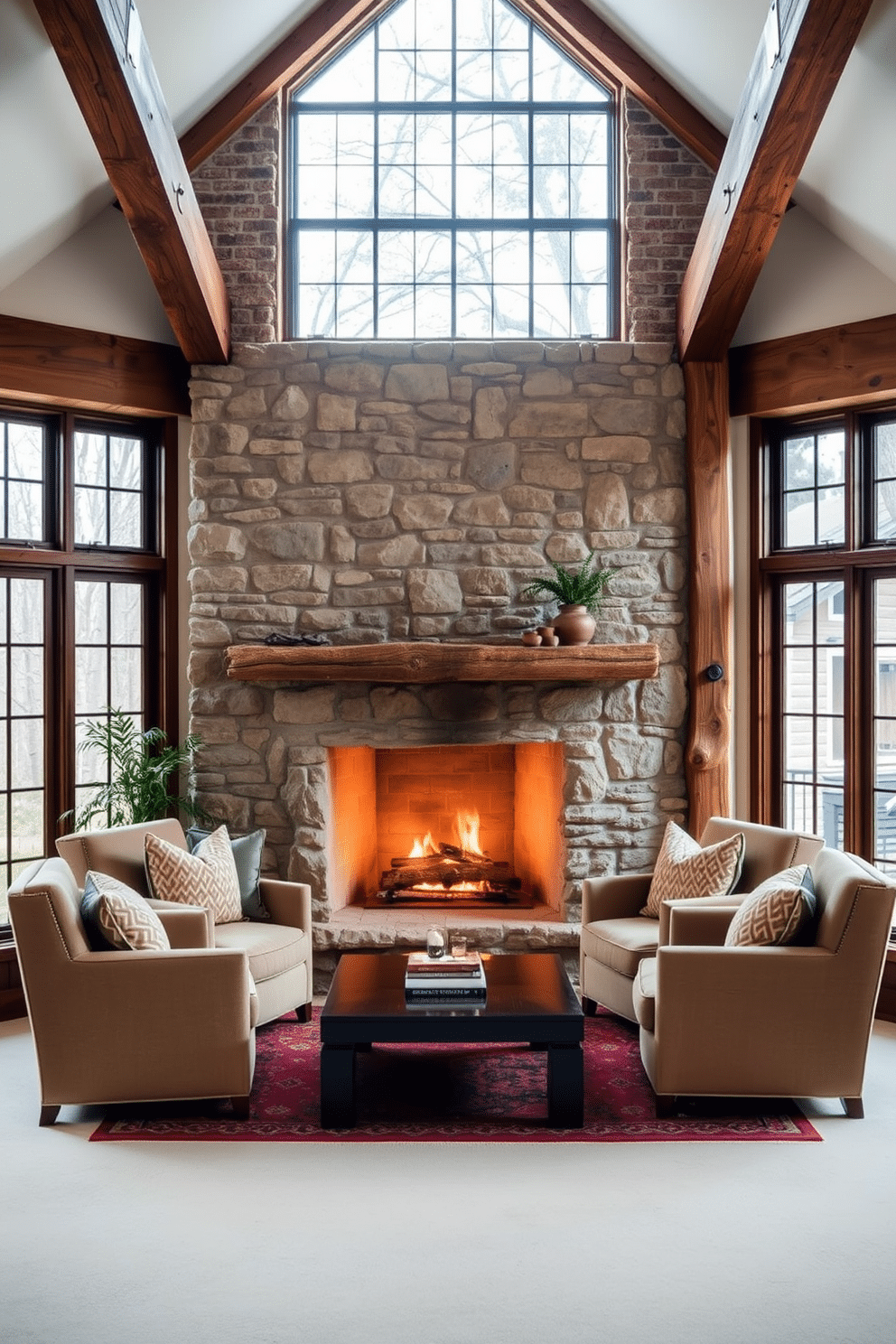 Cozy fireplace corner with comfortable chairs. A rustic stone fireplace serves as the focal point, surrounded by plush armchairs upholstered in soft, warm fabrics. Large attic design ideas. The space features exposed wooden beams and large windows that flood the area with natural light, creating a bright and airy atmosphere perfect for a cozy reading nook.