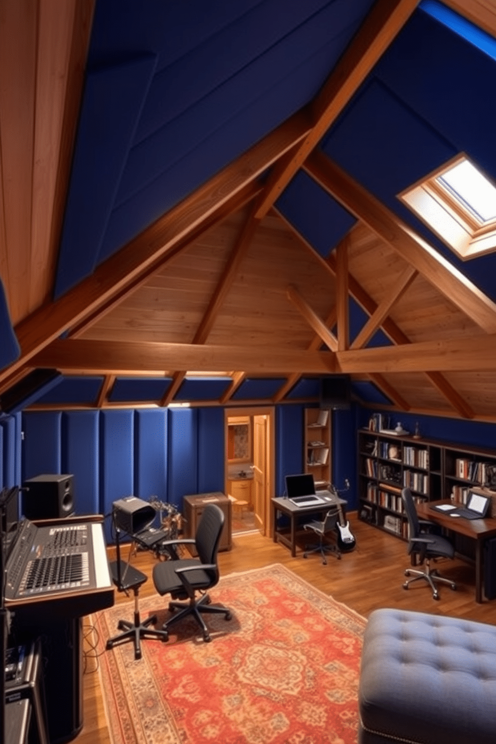 A creative music studio featuring soundproofing panels on the walls and ceiling, painted in a deep blue hue to enhance acoustics. The space includes a modern mixing console, various instruments neatly arranged, and ambient lighting that can be adjusted to set the mood. A large attic designed as a cozy retreat, with exposed wooden beams and skylights that allow natural light to flood the room. The decor includes a plush seating area with a vintage rug, bookshelves filled with books, and a small workspace with a desk facing the window.