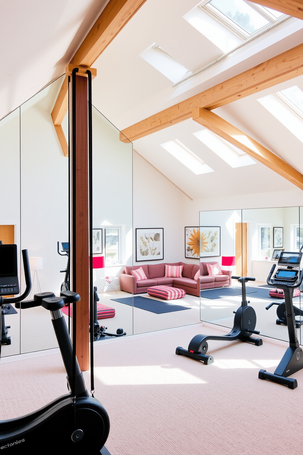 A bright home gym featuring large mirrors that reflect natural light, creating an open and airy atmosphere. The space is equipped with modern fitness equipment, including free weights and yoga mats, all set against a backdrop of light-colored walls and vibrant accents. An inviting attic design that maximizes space with cozy nooks and a comfortable seating area. Exposed beams and skylights enhance the charm, while soft lighting and a warm color palette create a relaxing retreat.