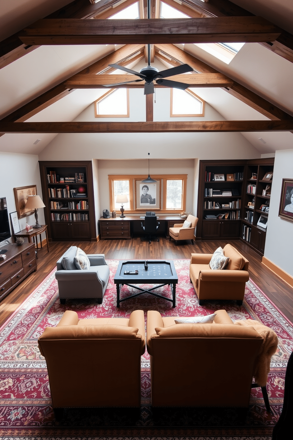 Inviting family room with a game table. The space features a cozy sectional sofa in warm tones, complemented by a large area rug that anchors the seating. A stylish coffee table sits at the center, surrounded by plush armchairs, creating an inviting atmosphere for gatherings. The walls are adorned with family photos and artwork, enhancing the personal touch of the room. Large attic design ideas. The attic is transformed into a multifunctional space with a comfortable reading nook, featuring built-in bookshelves and a cozy armchair. Natural light floods the area through skylights, highlighting the rustic beams and creating an airy feel, while a small desk area provides a perfect spot for work or study.