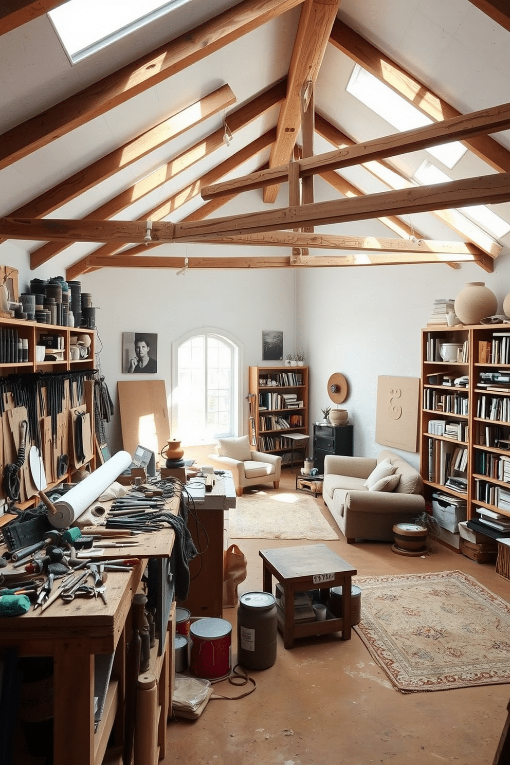 Artisan workshop with tools and materials. The space features a large wooden workbench cluttered with various hand tools, rolls of fabric, and jars of paint. Shelves lined with neatly organized tools and supplies adorn the walls, while sunlight streams in through a large window, illuminating the creative chaos. Large attic design ideas. This cozy attic space is transformed into a multifunctional area with a plush seating arrangement, soft area rugs, and built-in bookshelves filled with books and decorative items. Exposed beams and skylights add character, while a muted color palette creates a serene atmosphere perfect for relaxation or inspiration.