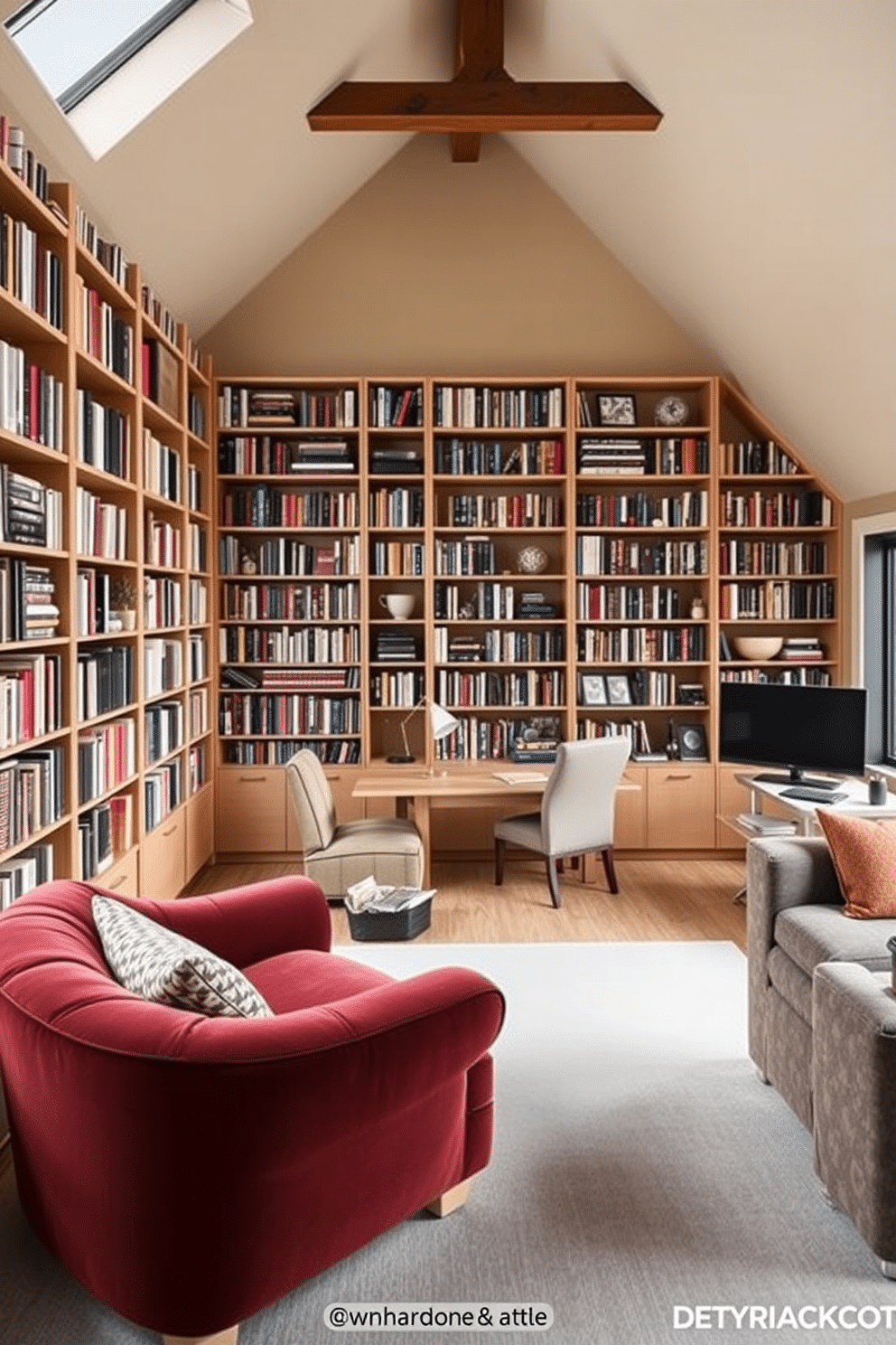 Chic home library with cozy reading spots. The room features floor-to-ceiling bookshelves filled with a diverse collection of books, complemented by a plush, oversized armchair in a rich, deep color. Large attic design ideas. The space is transformed into a multifunctional area with a stylish workspace, a comfortable lounge with a sofa, and large windows that flood the room with natural light.