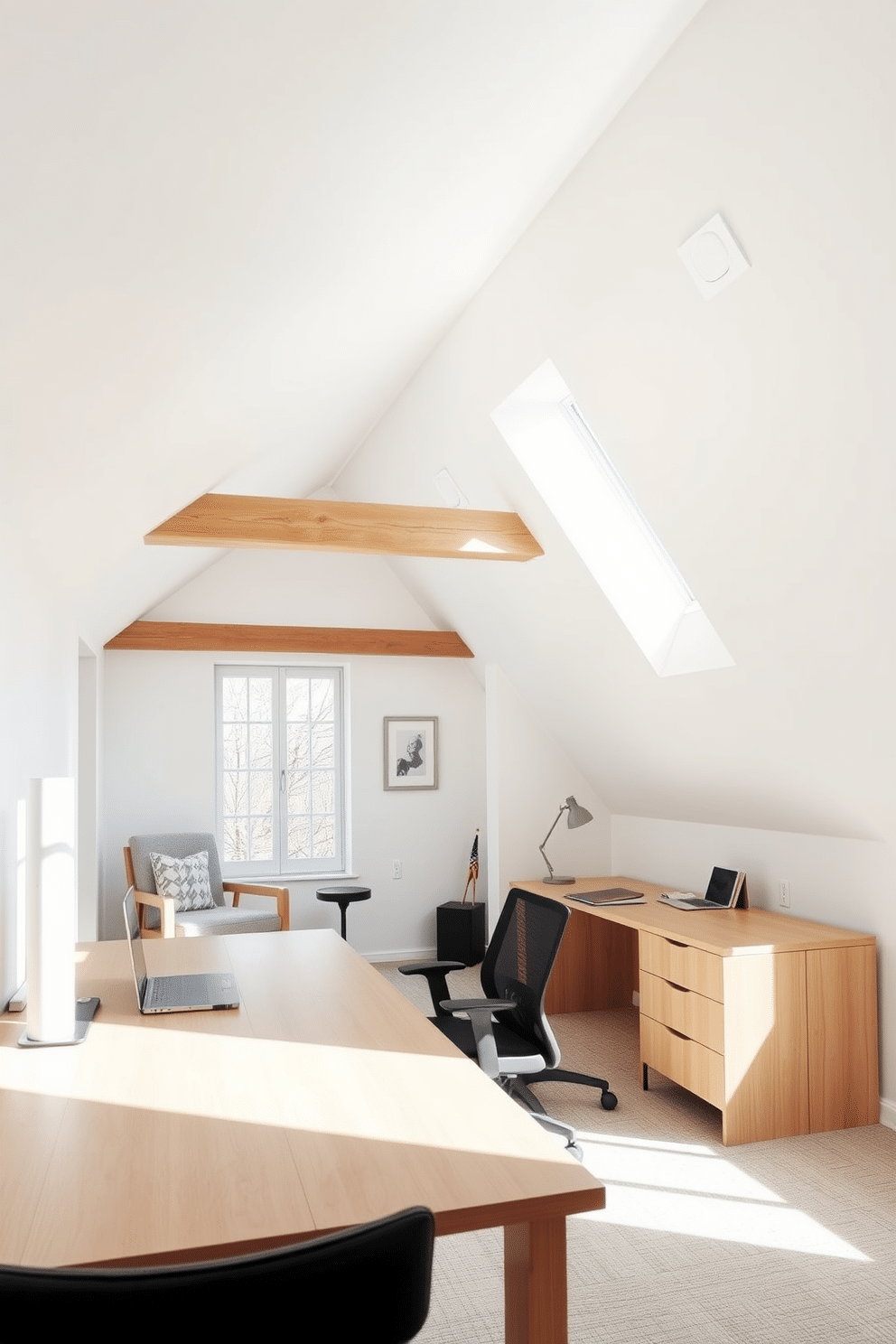 A modern minimalist workspace featuring a large, sleek desk made of light wood, complemented by a comfortable ergonomic chair. The walls are painted in a crisp white, and large windows allow natural light to flood the room, enhancing the airy atmosphere. The attic design showcases a cozy reading nook with a plush armchair and a small side table, nestled under the sloped ceiling. Exposed wooden beams add character, while soft, neutral tones create a warm and inviting ambiance.