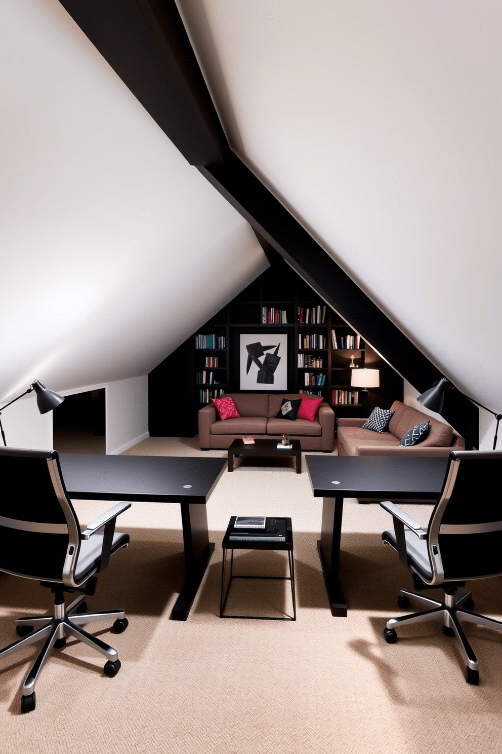 Dynamic home office with dual workstations. The space features two modern desks facing each other, each equipped with ergonomic chairs and stylish desk lamps. Large attic design ideas. The attic is transformed into a cozy lounge area with a plush sectional sofa, a coffee table, and built-in bookshelves lining the sloped walls.